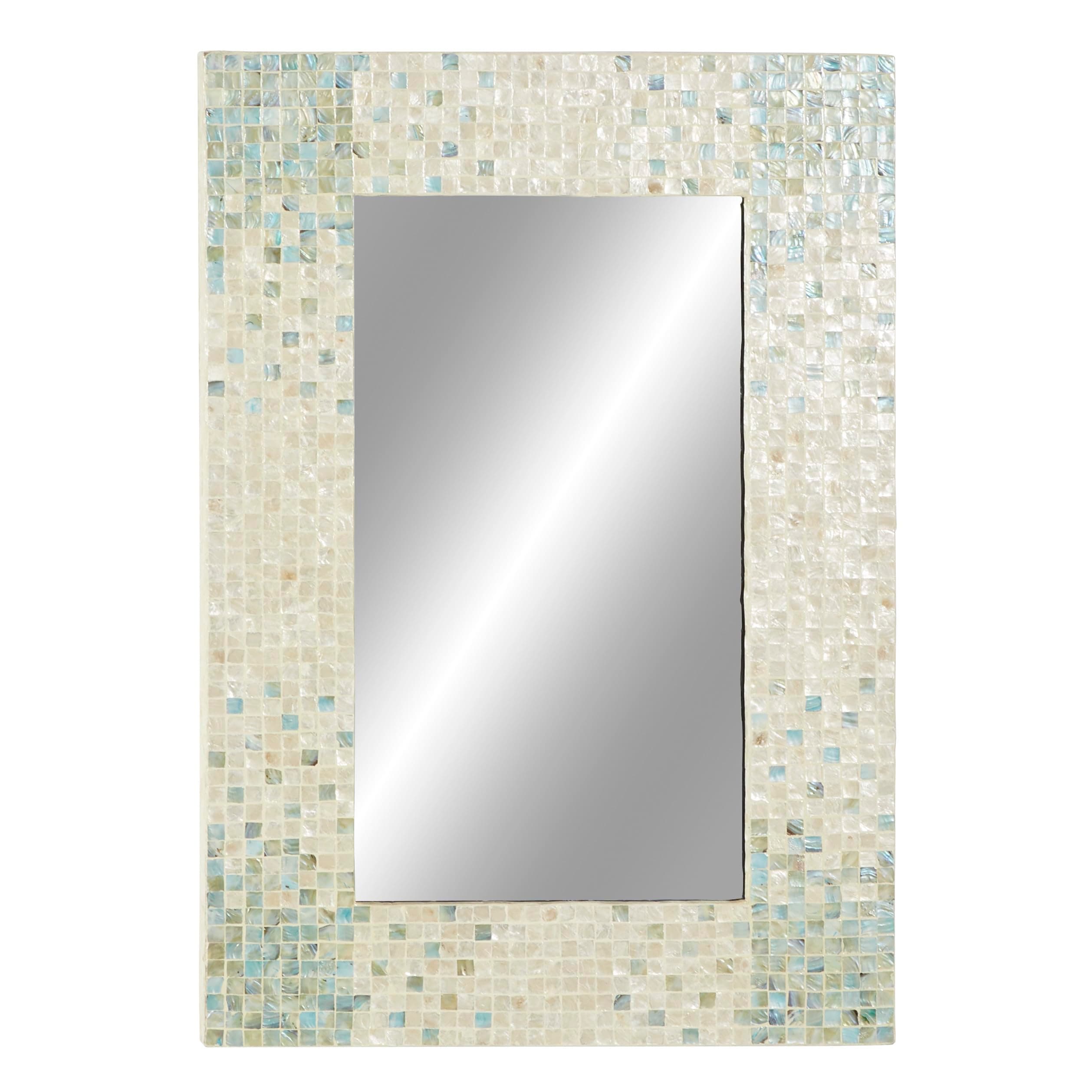 Deco 79 Mother of Pearl Shell Handmade Room Wall Mirror Mosaic Entryway Mirror with Blue Corners, Wall Mounted Mirror 24" x 1" x 36", Cream