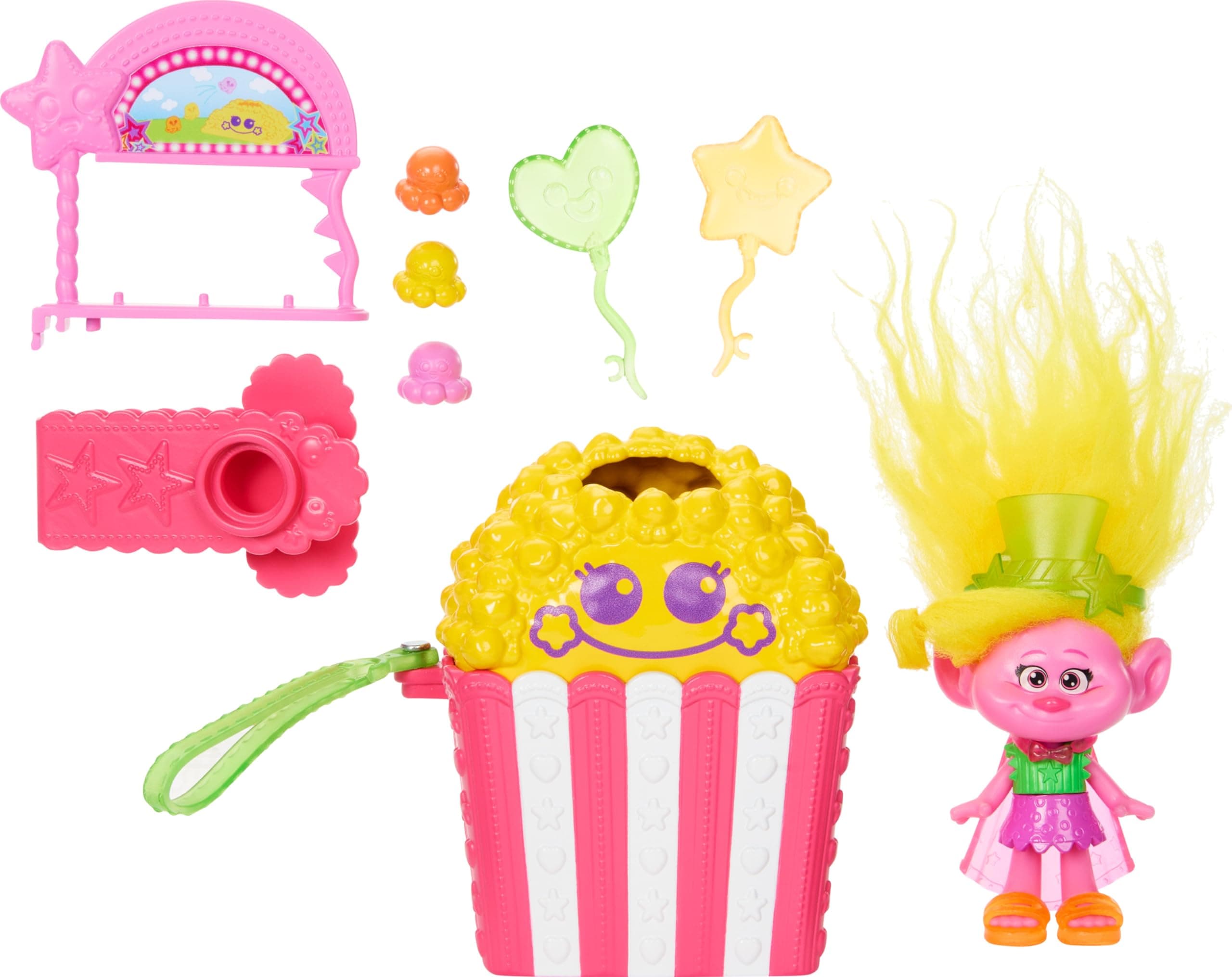 Mattel DreamWorks Trolls Fun Fair Surprise FairFest Small Doll & 10 Accessories, Carnival Food Popcorn Theme with Viva