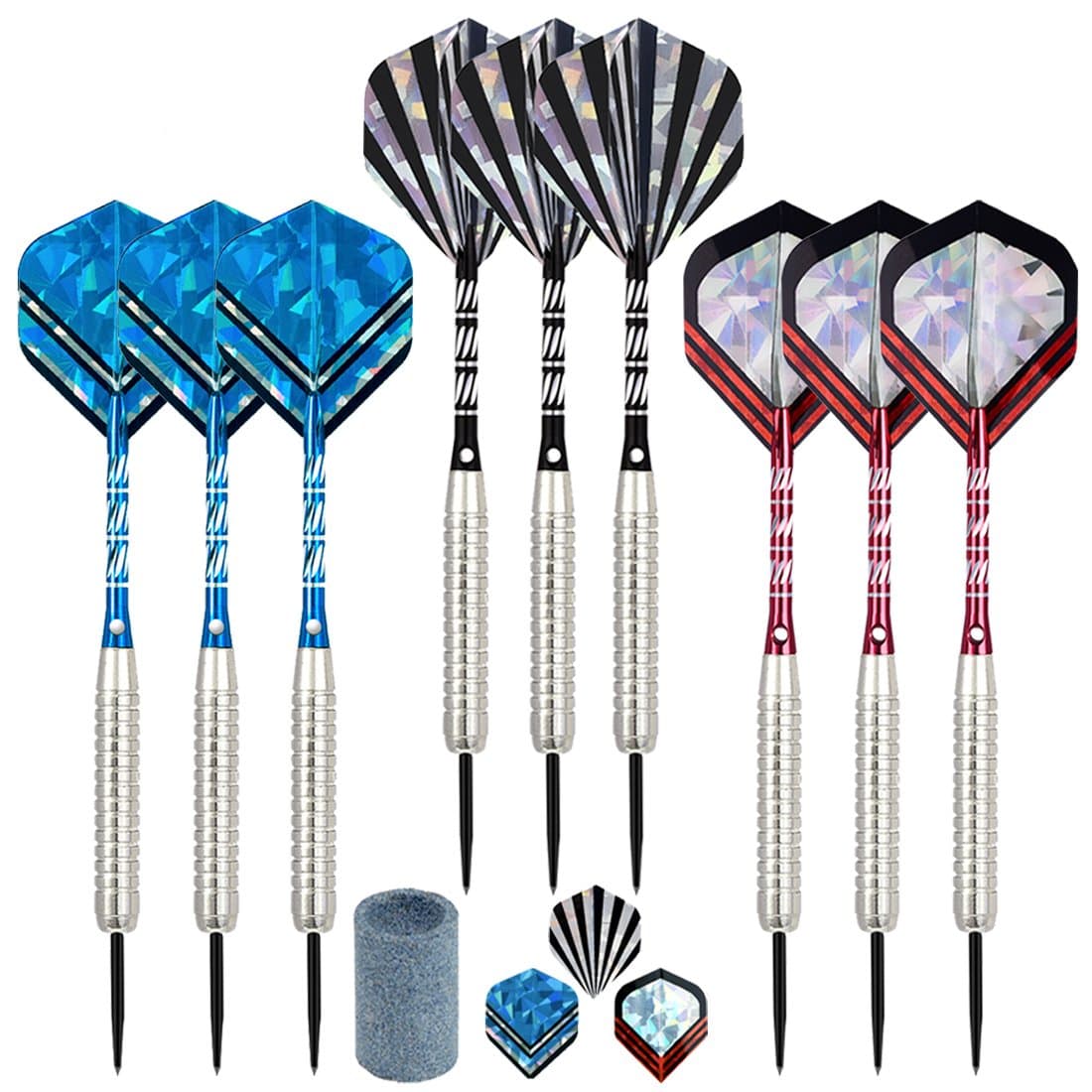 9 Packs Steel Tip Darts 22 Grams with Aluminum Shafts,Steel Barrels and Laser Dart Flights,an Extra Round Dart Sharpener Included