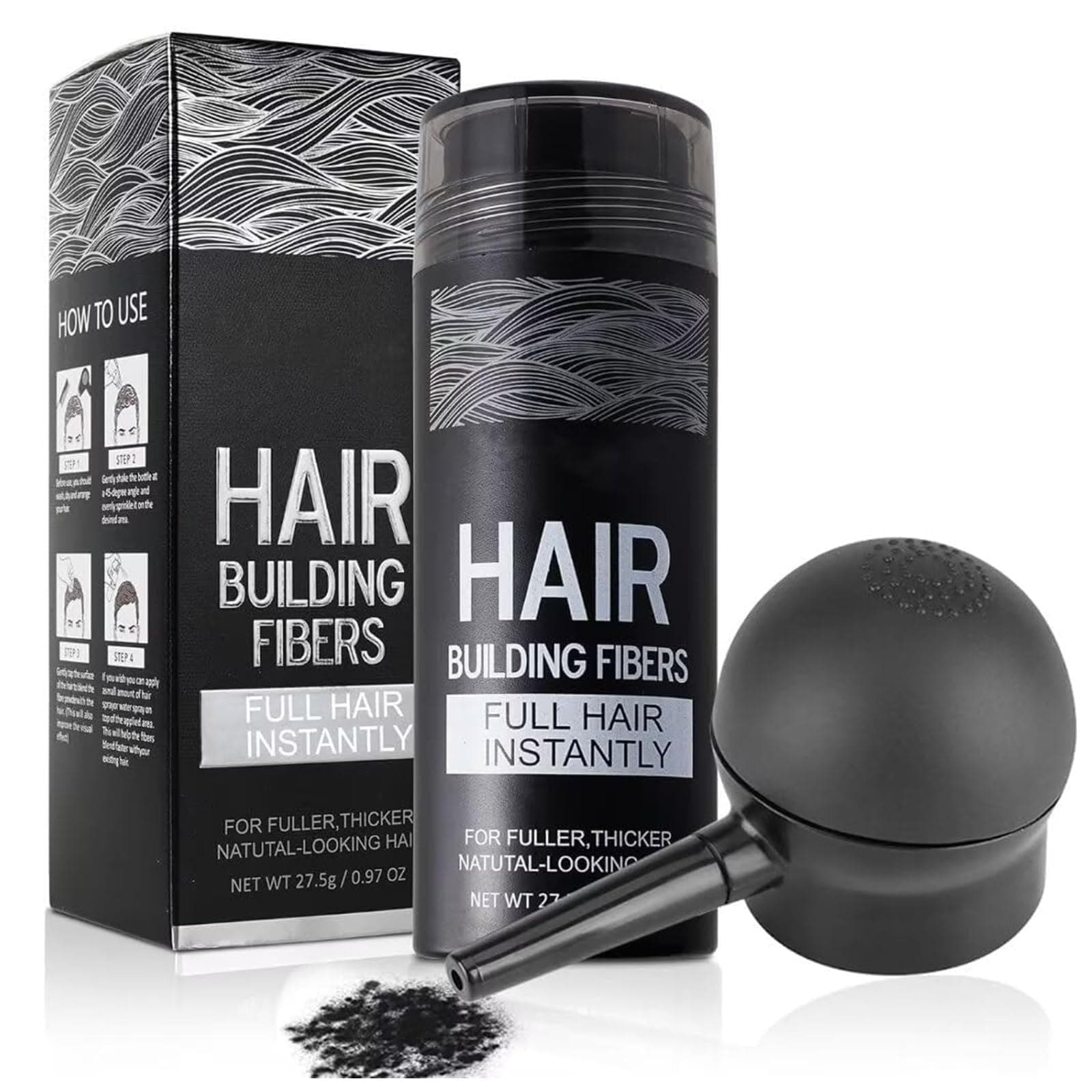 Hair Building Fibers for Thinning Hair with Spray Applicator Pump Nozzle - Natural & Undetectable,Instantly Thicker Fuller Hair Conceals Hair Loss 30 Sec,4 Shades for Men & Women,27.5g (Black)