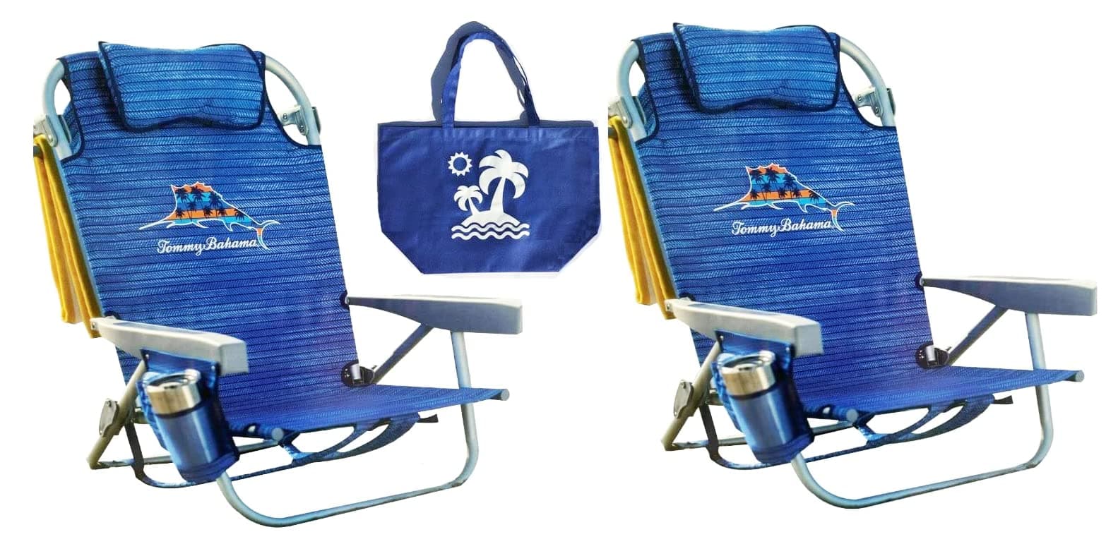 2 Tommy Bahama Backpack Beach Chairs/ Blue + 1 Medium Tote Bag