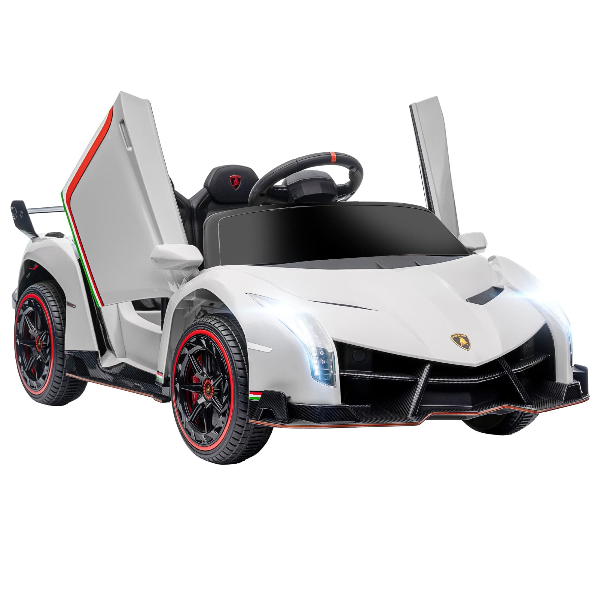 Aosom Lamborghini Veneno Licensed Kids Electric Car with Bluetooth, 12V Ride on Car with Butterfly Doors, Remote Control, Portable Battery, Suspension System, Horn, Songs, Lights, White