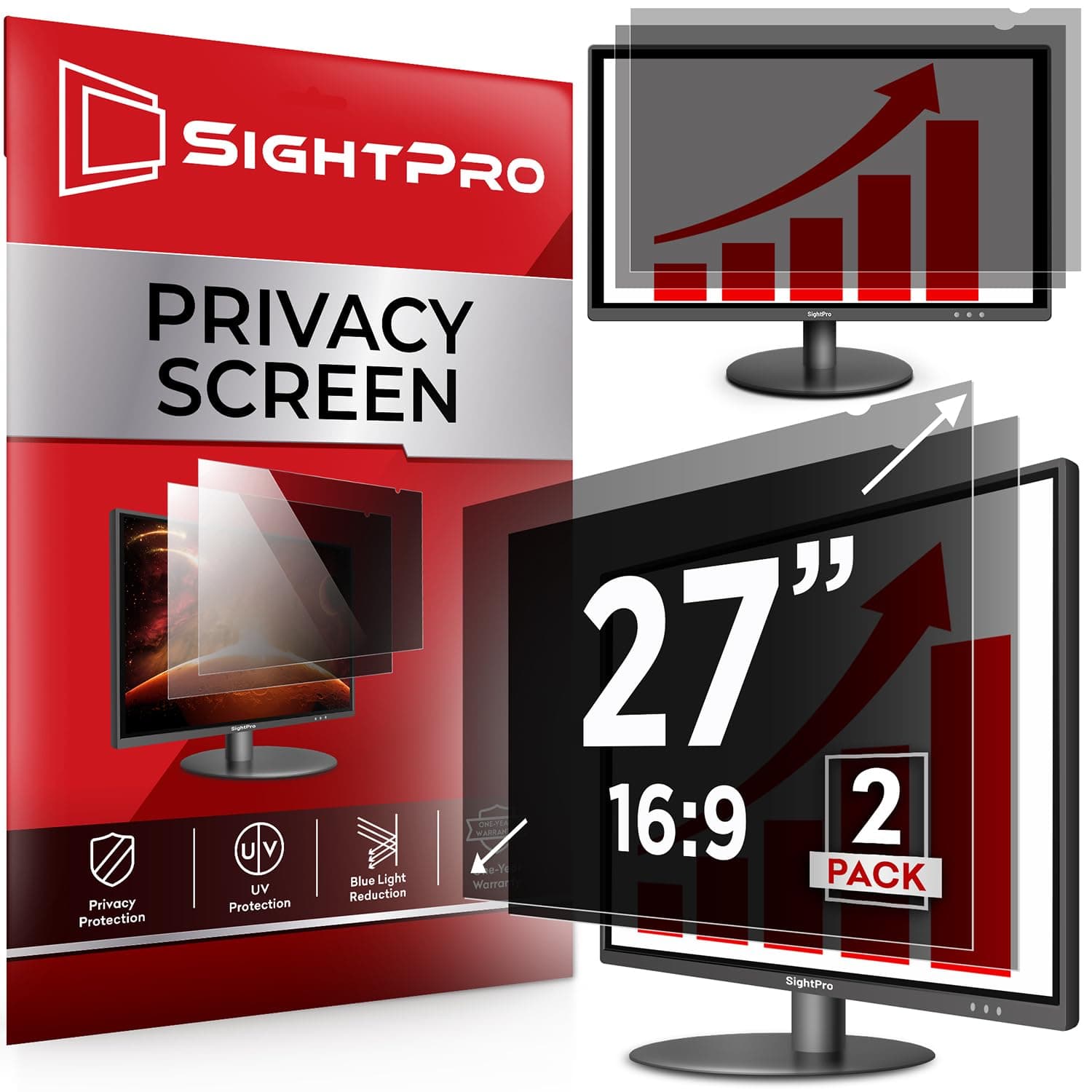 SightPro 27インチ 16:9 [2パック] コンピュータープライバシースクリーンフィルター モニター用 - プライバシーシールドとアンチグレアプロテクター