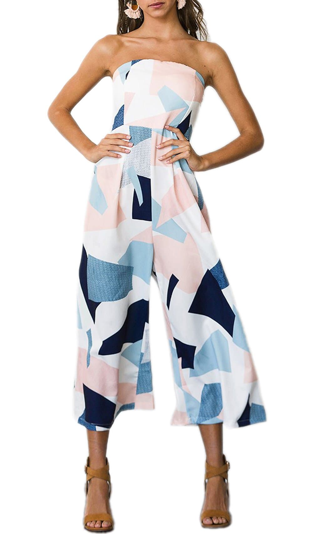 Women's Summer Strapless Printed Tube Top Outfits Wide Leg Romper Jumpsuit