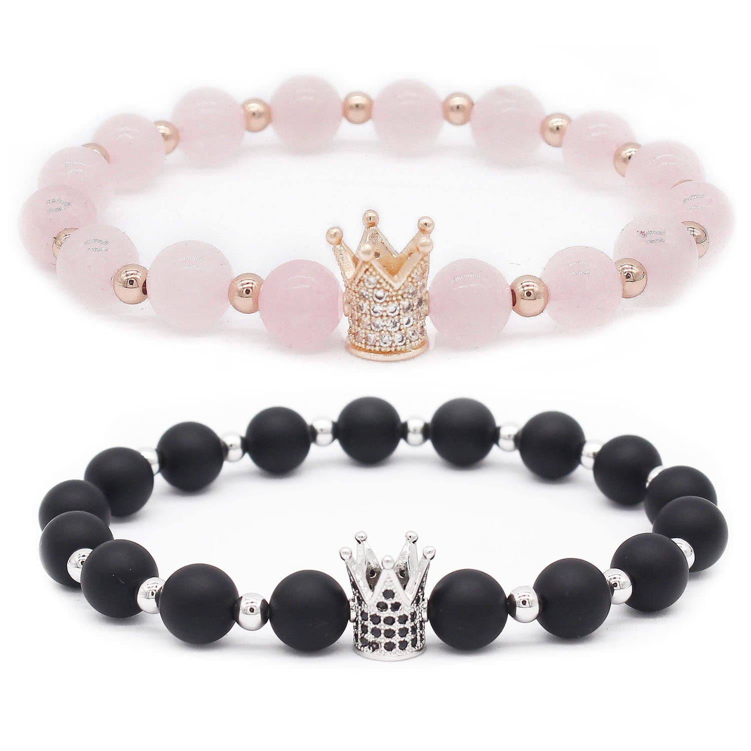 Gemfeel8mm Black Onyx Stone & Pink Quartz CZ Her King/His Queen 8mm Beads Couple Bracelet, 7.6"+7.2", Black&Pink