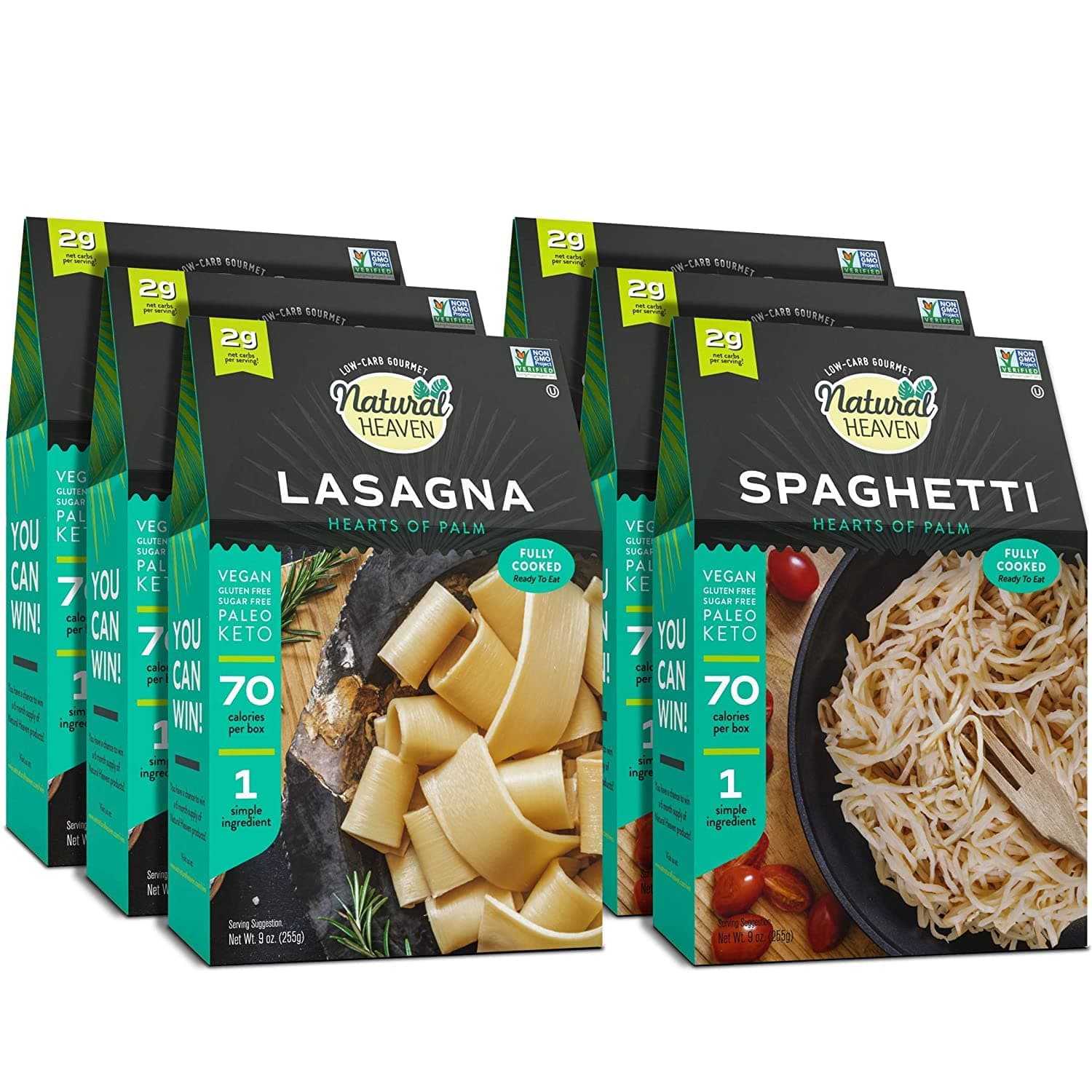 Natural Heaven Hearts of Palm Pasta Sampler | Spaghetti, Lasagna | Gluten-Free | 4g of Carbs | Keto | Paleo | Vegan - Vacuum Packed - (9oz – 6 Count)