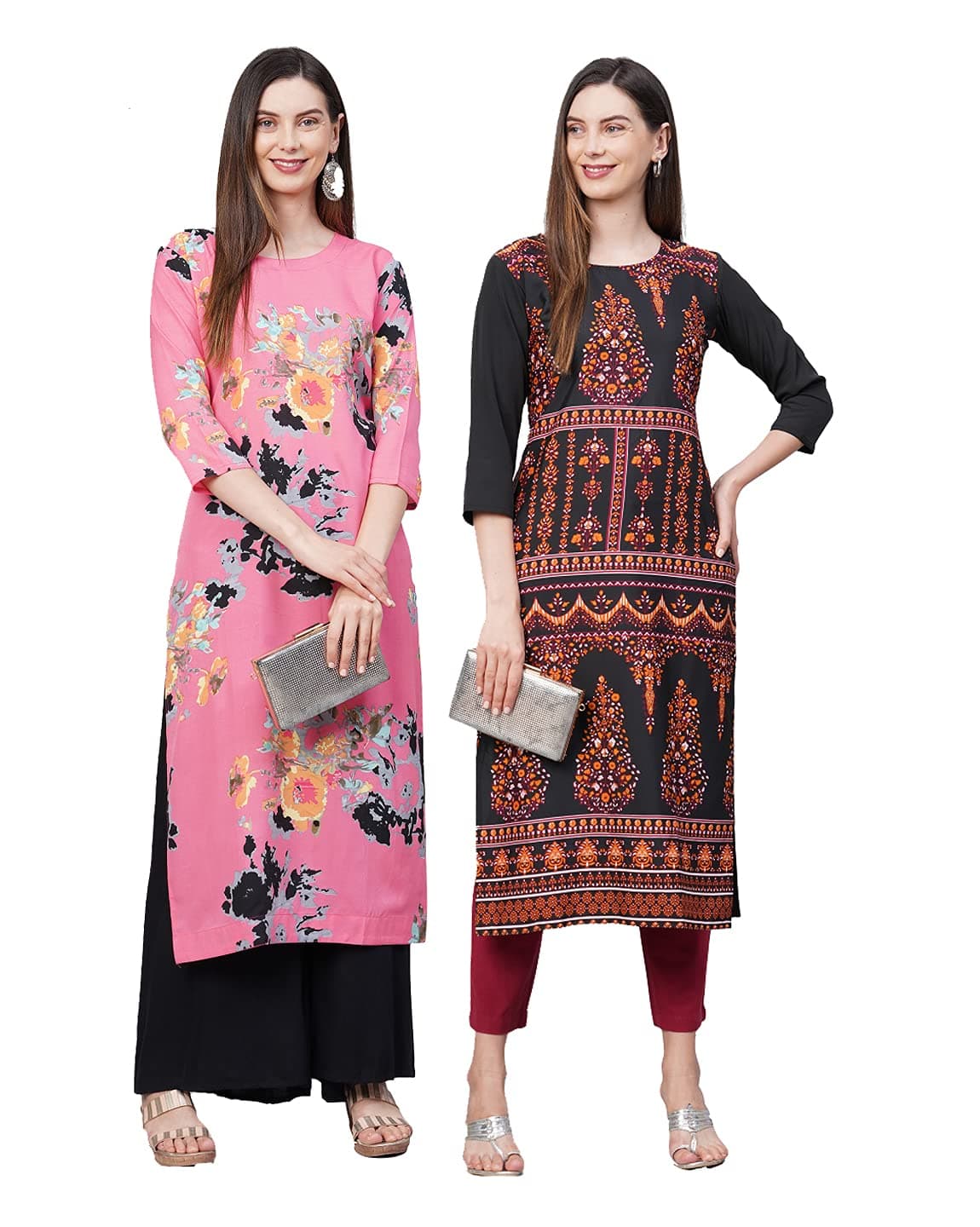 GoSriKi Women's Crepe Straight Printed Kurta Pack of 2 (Crepe Combo-123-Go)