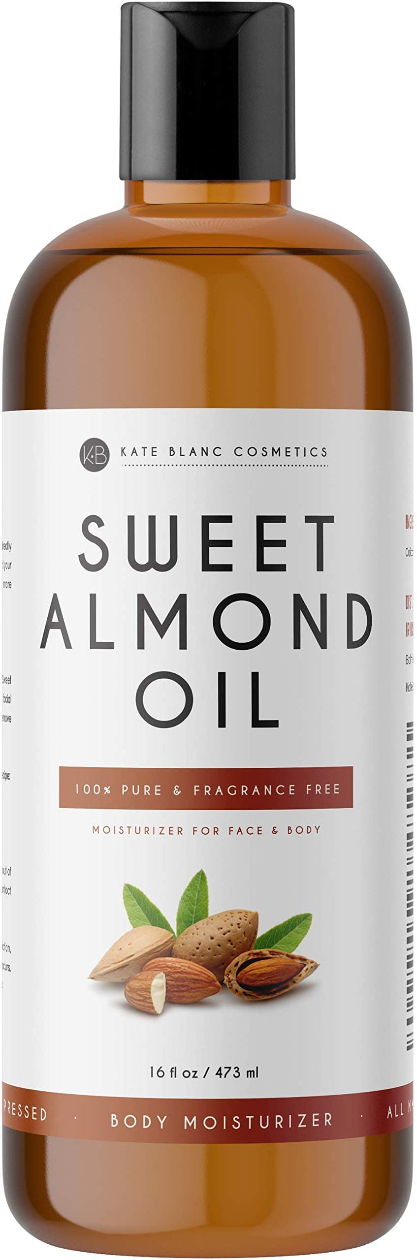 Sweet Almond Oil 16oz by Kate Blanc. 100% Pure, Cold Pressed, Hexane Free. Ideal for Face, Skin, Hair. Great as Massage Oil, Aromatherapy, and Carrier Oil. Smoother Skin, Softer Hair. 1-Year Guarantee