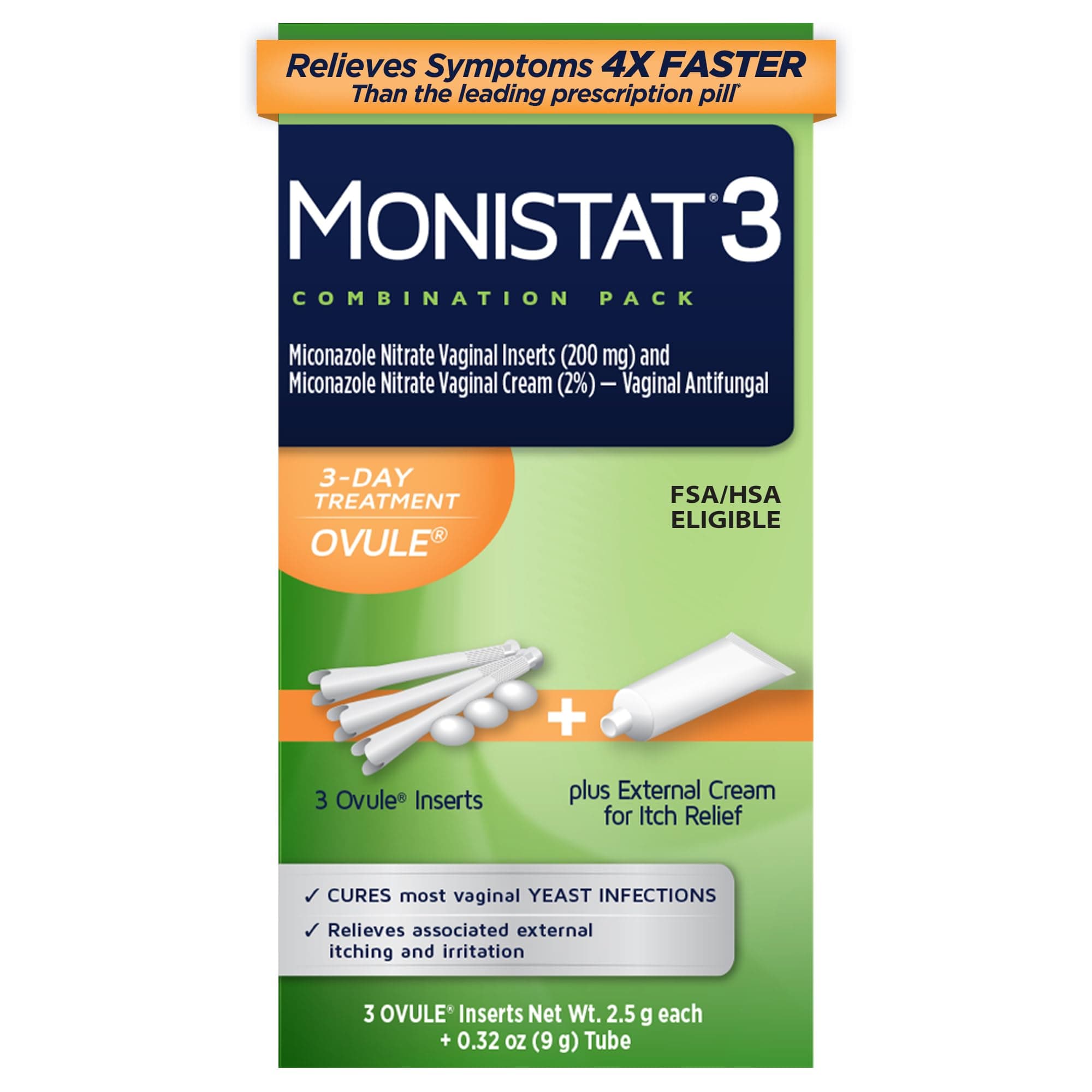3 Day Yeast Infection Treatment for Women, 3 Miconazole Ovule Inserts and External Monistat Anti-Itch Cream Bundle