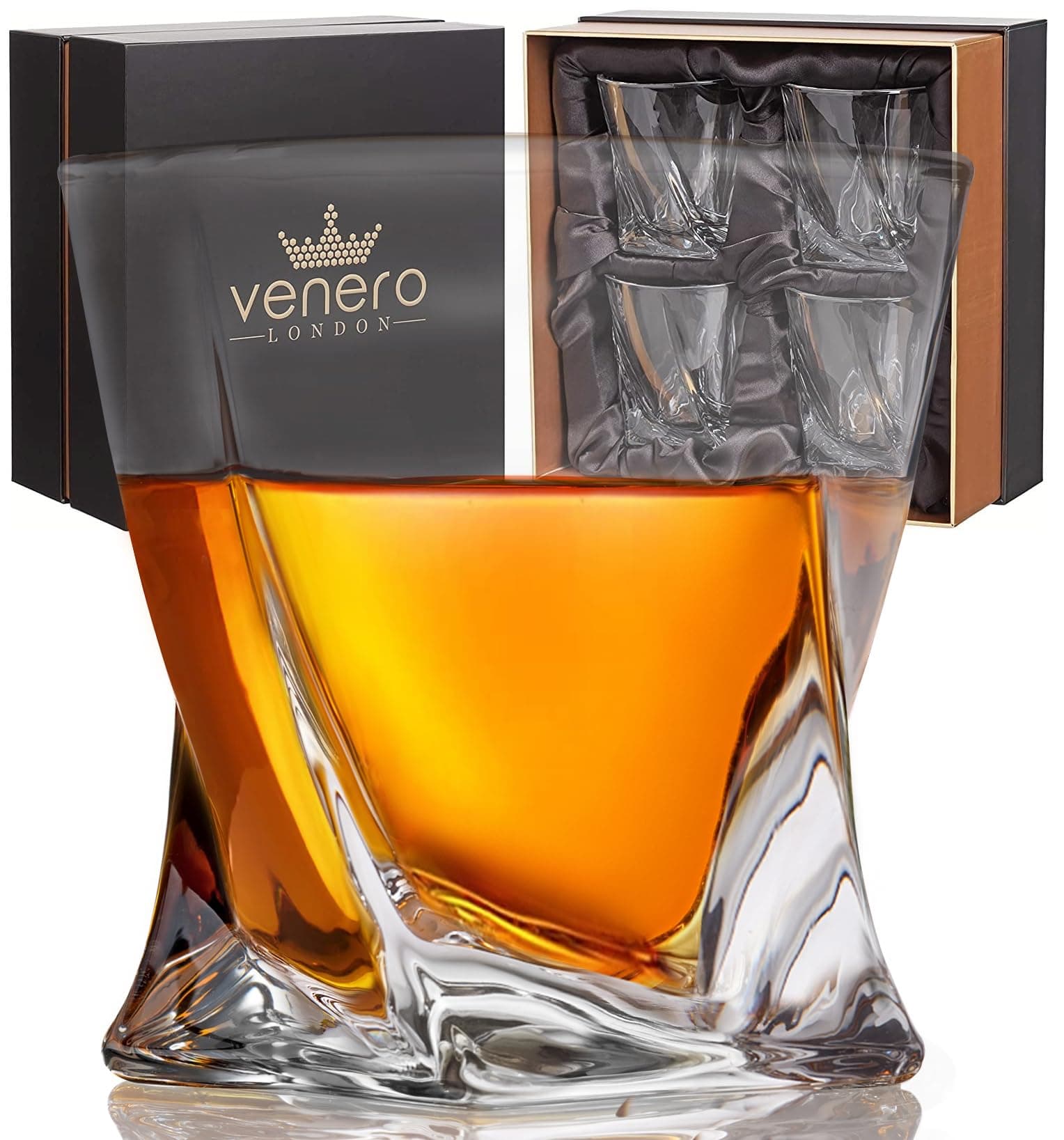 Venero Crystal Whiskey Glasses, Set of 4 Bourbon Glasses in Luxury Satin-Lined Gift Box - 10 oz Scotch Glass Tumblers - Rocks Glasses for Drinking Bourbon, Scotch Whisky, Cocktails, Cognac