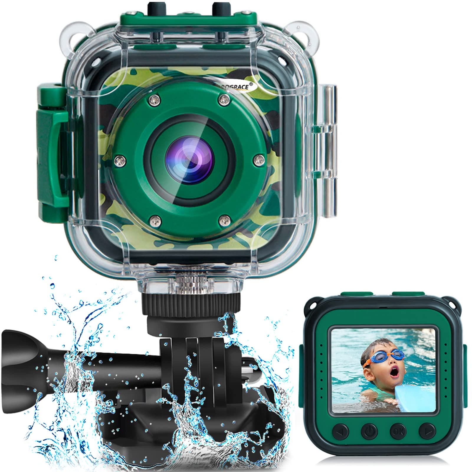 PROGRACE Kids Camera Underwater Video Camcorder Kids Camera Boys Girls Birthday Gift Toys 4-10 Ages Waterproof Action Camera 1080P HD Video Camcorder with 1.77" LCD and Digital Zoom Children Camera
