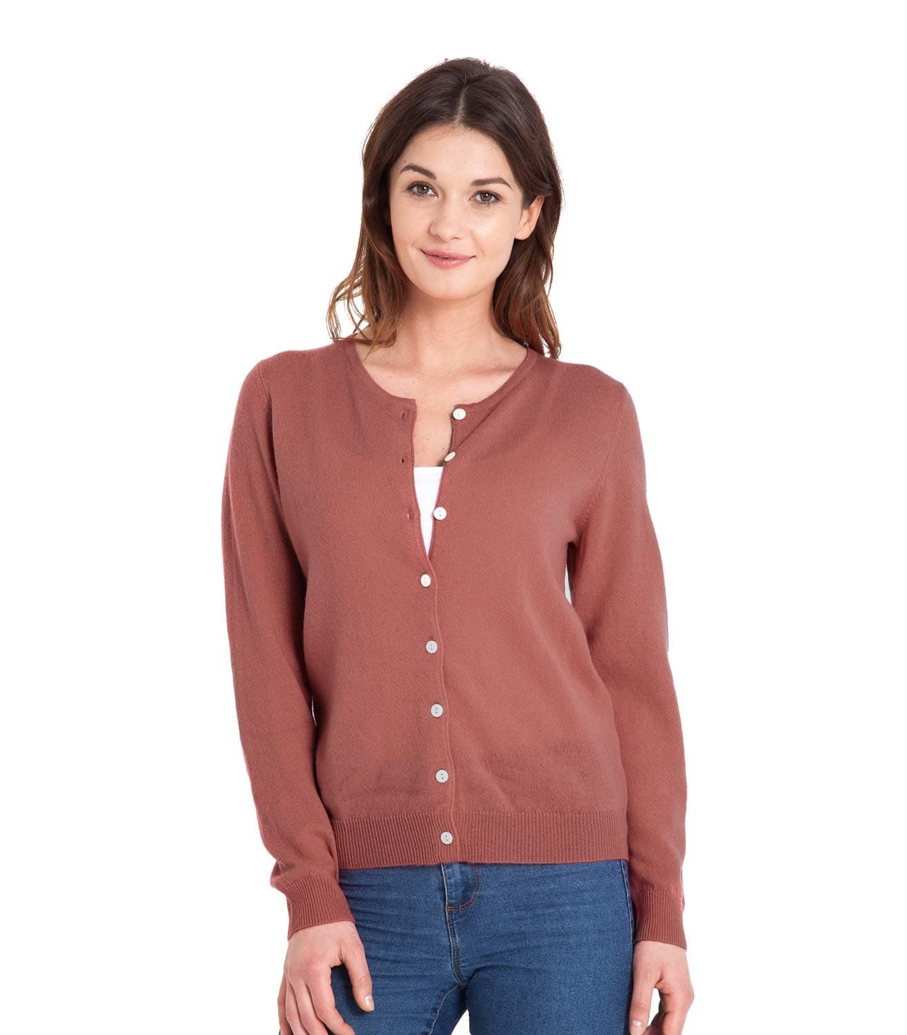 Woolovers Ladies Cashmere Blend Crew Neck Cardigan Terracotta, S