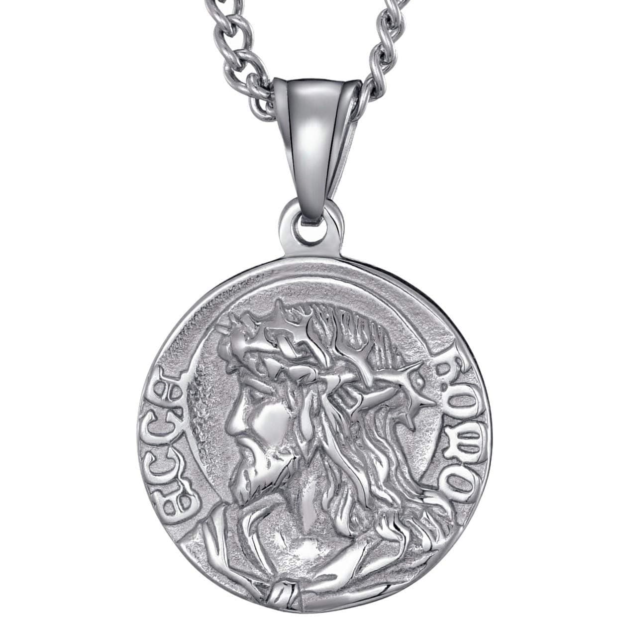 Mens Stainless Steel Crown of Thorns Head of Jesus Christ Pendant Necklace Round Medal Prayer Coin Pendant with Link Chain