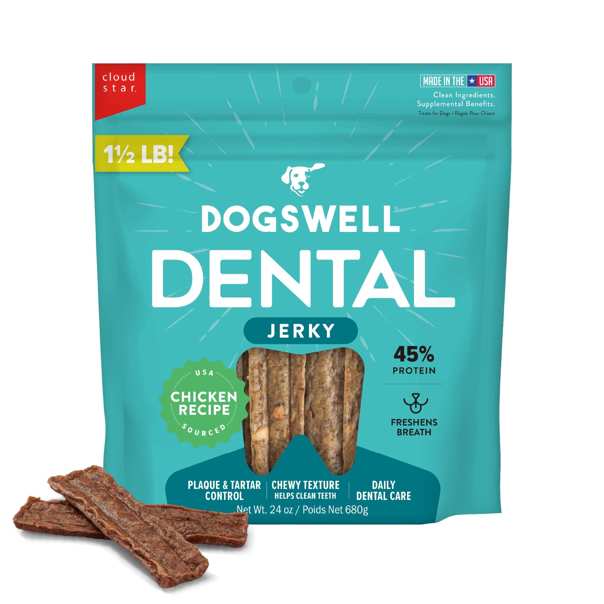 DOGSWELL Dog Dental Care Treats Made in USA Only, Grain Free Chicken Jerky Dog Treats, 24oz Bag