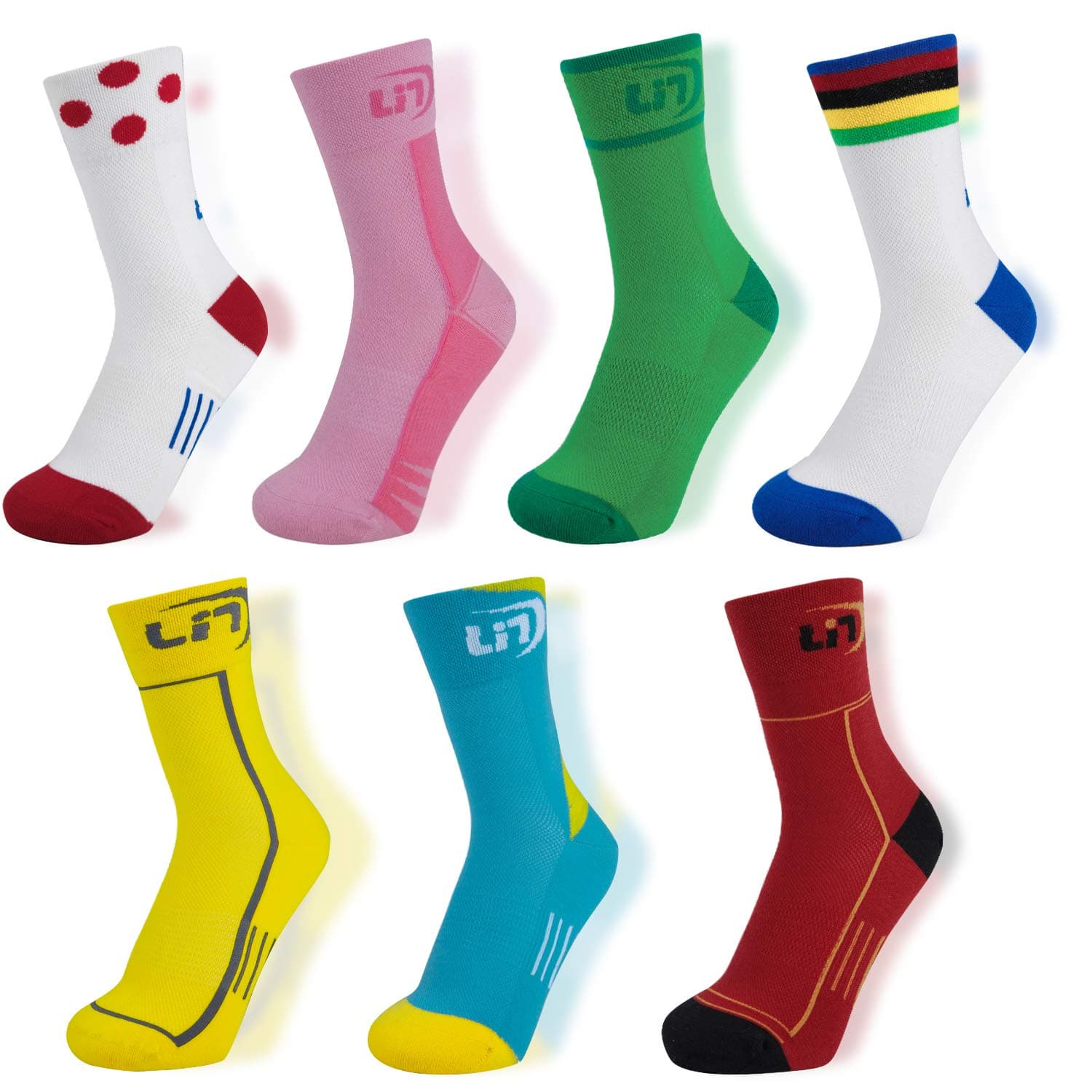 LIN 7 Pack Cycling Socks for Men and Women Funny Color Biking Socks Performance Athletic Crew Socks (M (9-11), Championship Jersey Color)