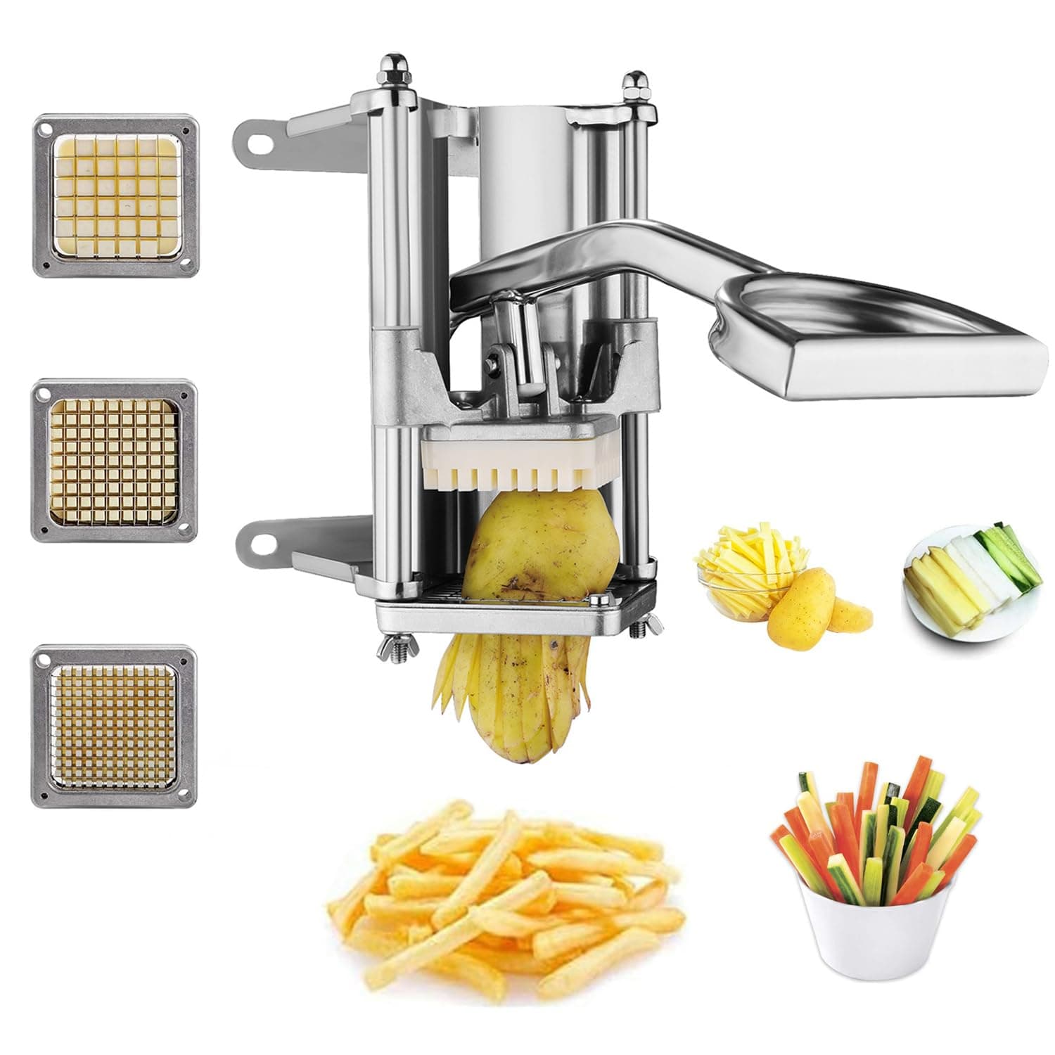 uyoyous French Fry Cutter, Wall Mount Potato Cutter for Fries with 1/2'', 3/8'', 1/4'' Blades, Stainless Steel Commercial Vegetable Fruit Chopper for Cucumber, Carrot, Sweet Potato