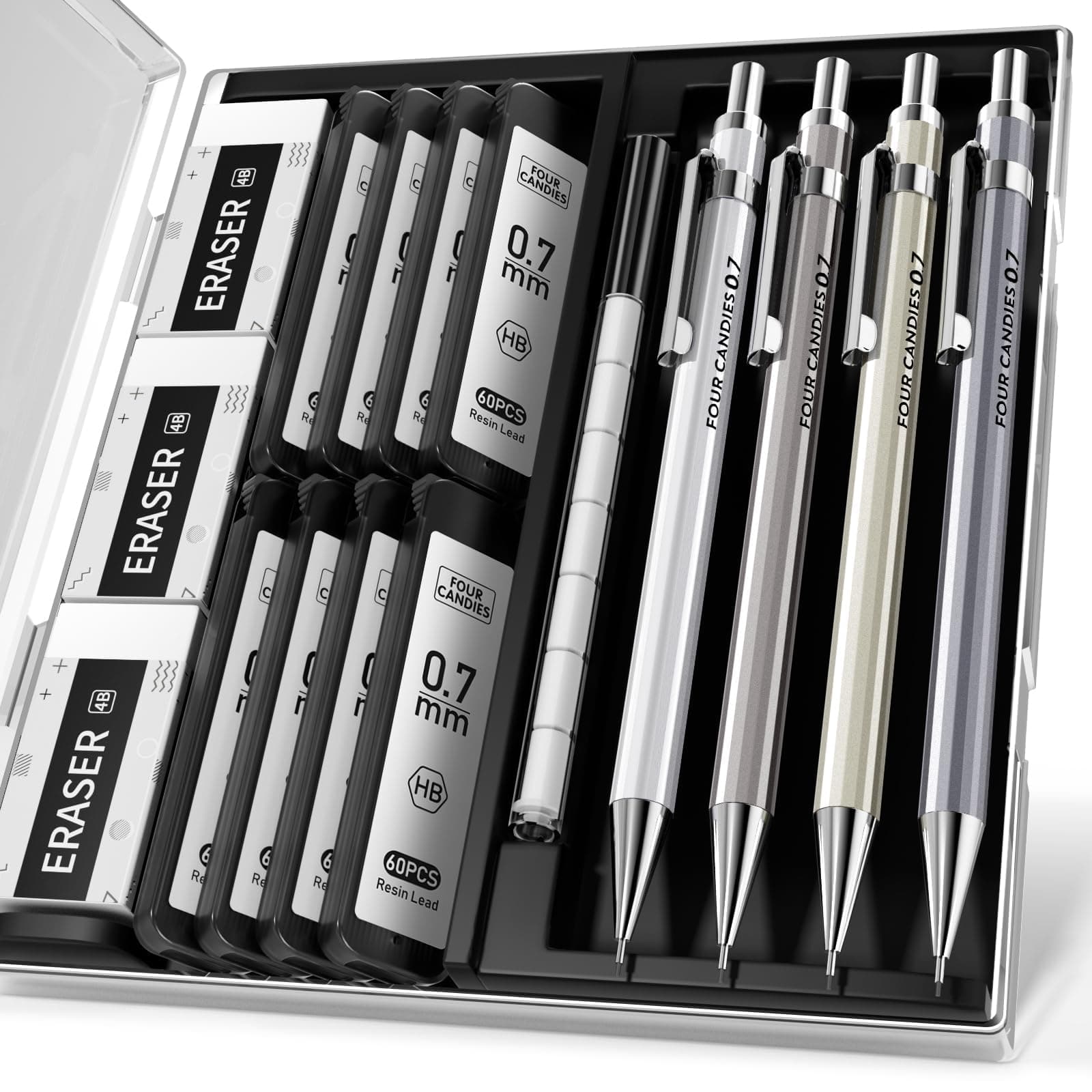 0.7mm Mechanical Pencil Set with Case - 4PCS Metal Mechanical Pencils, 8 Tubes HB #2 Lead Refills, 3PCS 4B Erasers and 9PCS Eraser Refills, Lead Mechanical Pencils for Writing & Drawing