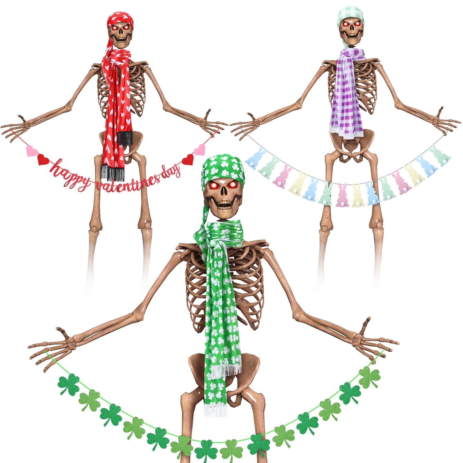 Leitee 9 Pcs 12 ft Skeleton Clothes Accessories Easter Skeleton Outfit Set Including Hat Scarf and Handheld bunny Banner for Garden Lawn Outdoor Decor