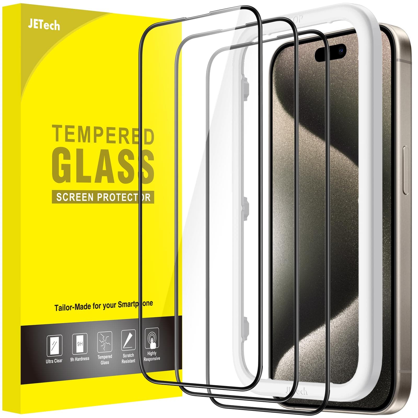 JETech Full Coverage Screen Protector for iPhone 15 Pro Max 6.7-Inch, Black Edge Tempered Glass Film with Easy Installation Tool, Case-Friendly, HD Clear, 3-Pack