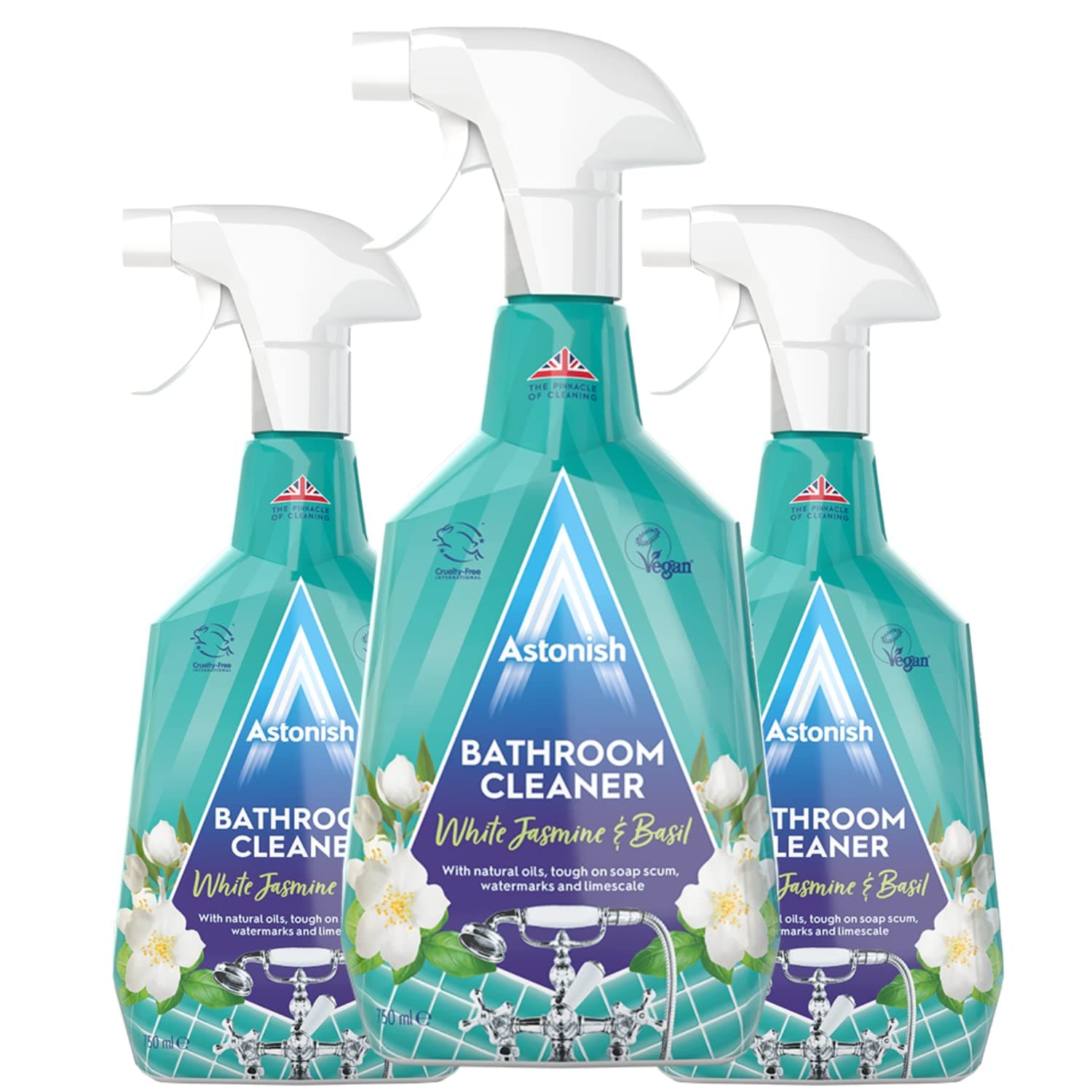 Streak Free Foaming Bathroom Cleaner Spray Bottle 3 Pack - Deep Cleaning White Jasmine & Basil Scented Spray For Soap Scum, Watermarks & Limescale - Cleaning Supplies, 750 ml Bottle