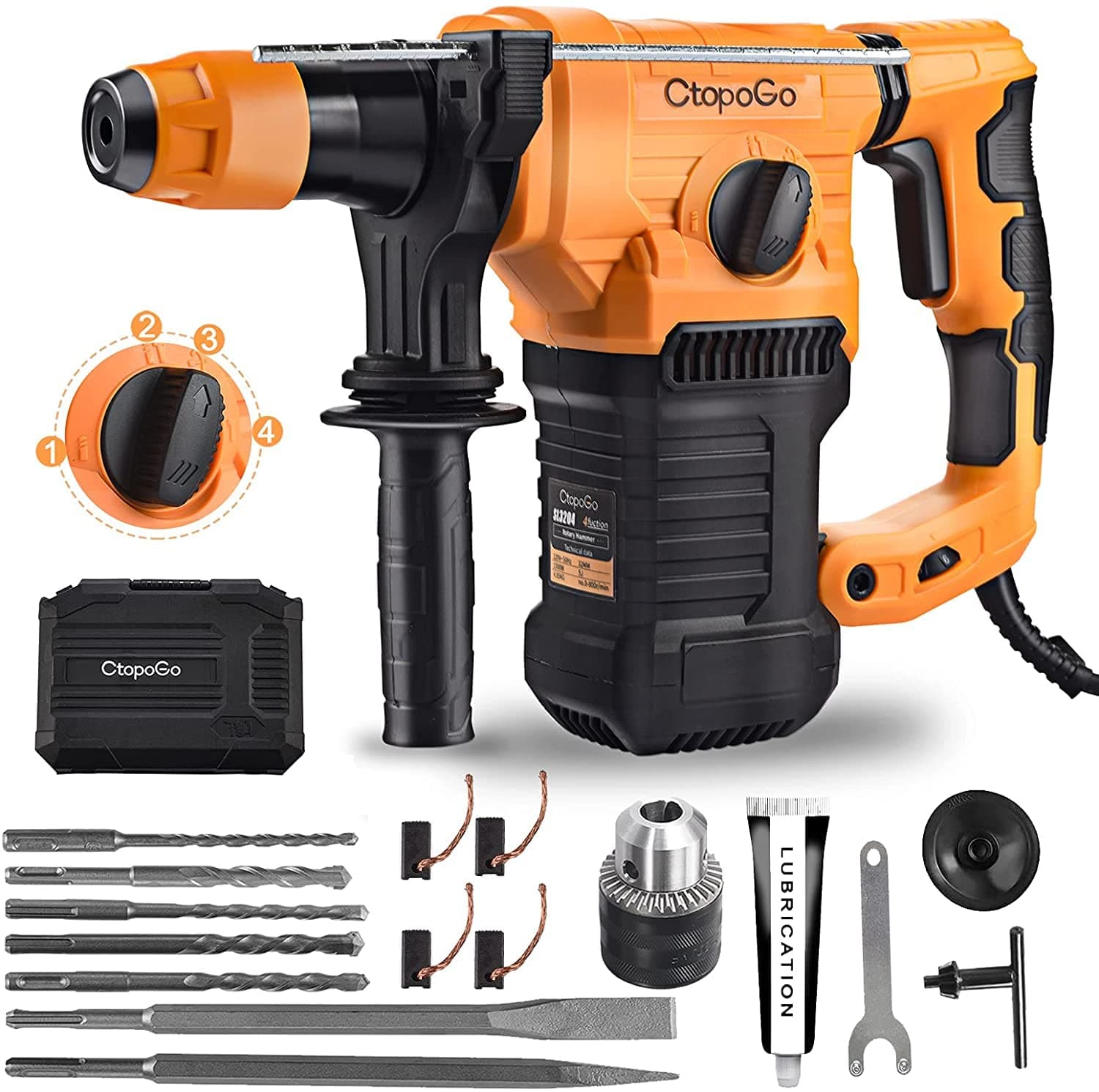 SDS-Plus 1500W Heavy Duty Rotary Hammer Drill 1-1/4 Inch 32MM, Safety Clutch 4 Functions with Vibration Control Including Grease, Chisels and Drill Bits with Case