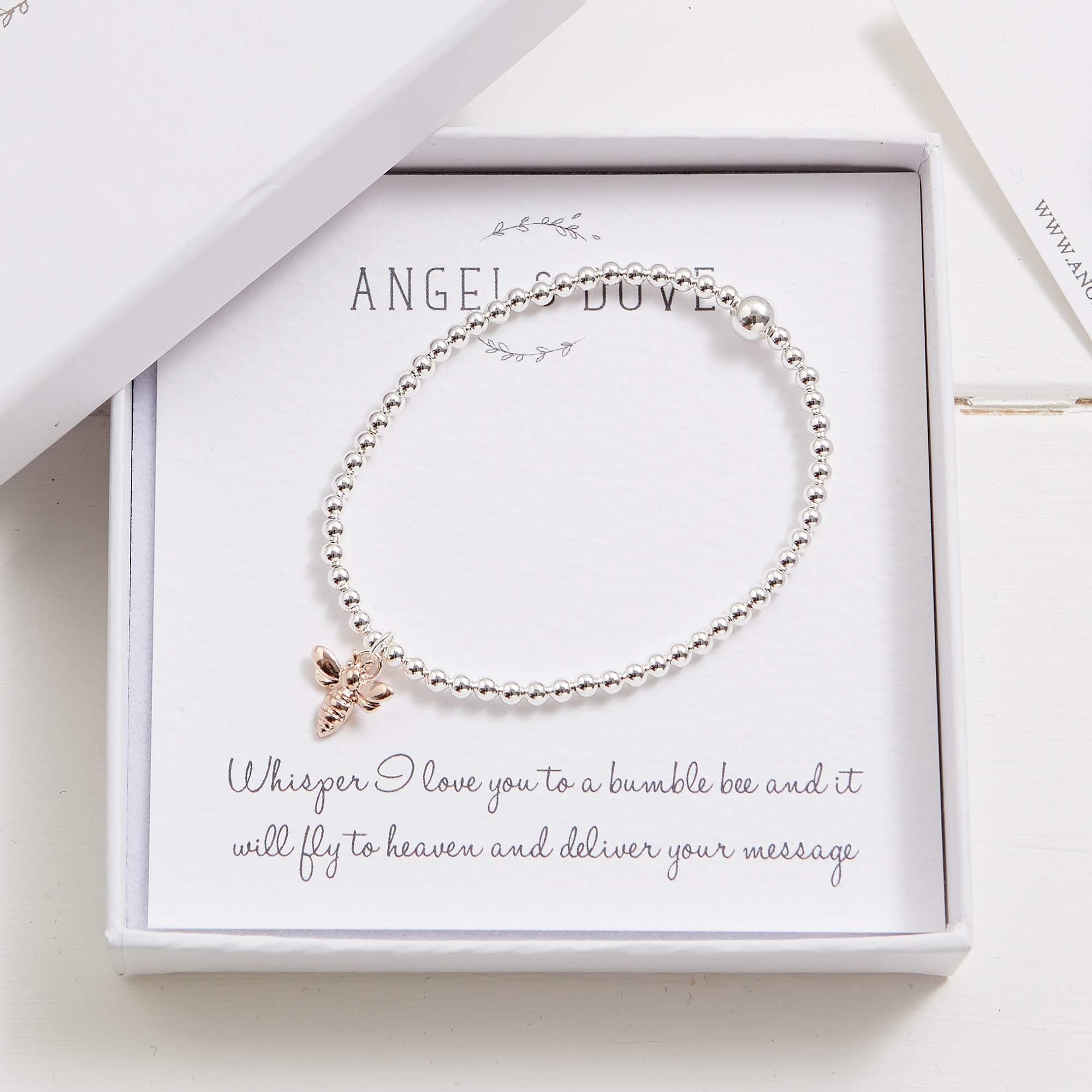 Angel & Dove"Whisper I Love You to a Bumble bee." Silver & Rose Gold Bee Beaded Bracelet in Gift Box with Bag & Card