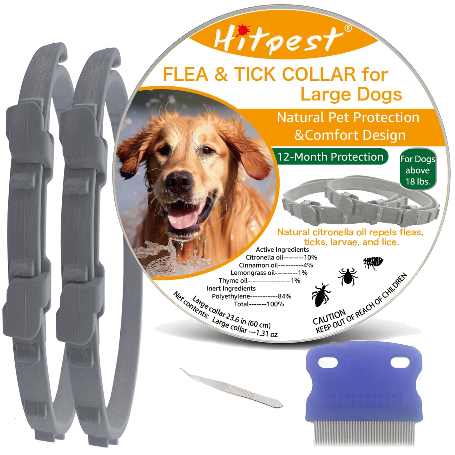 Flea and Tick Collar for Large Dog, 12-Month Full-Body Protection, Natural Ingredients, Free Flea Comb and Tweezers Included, 2 Packs