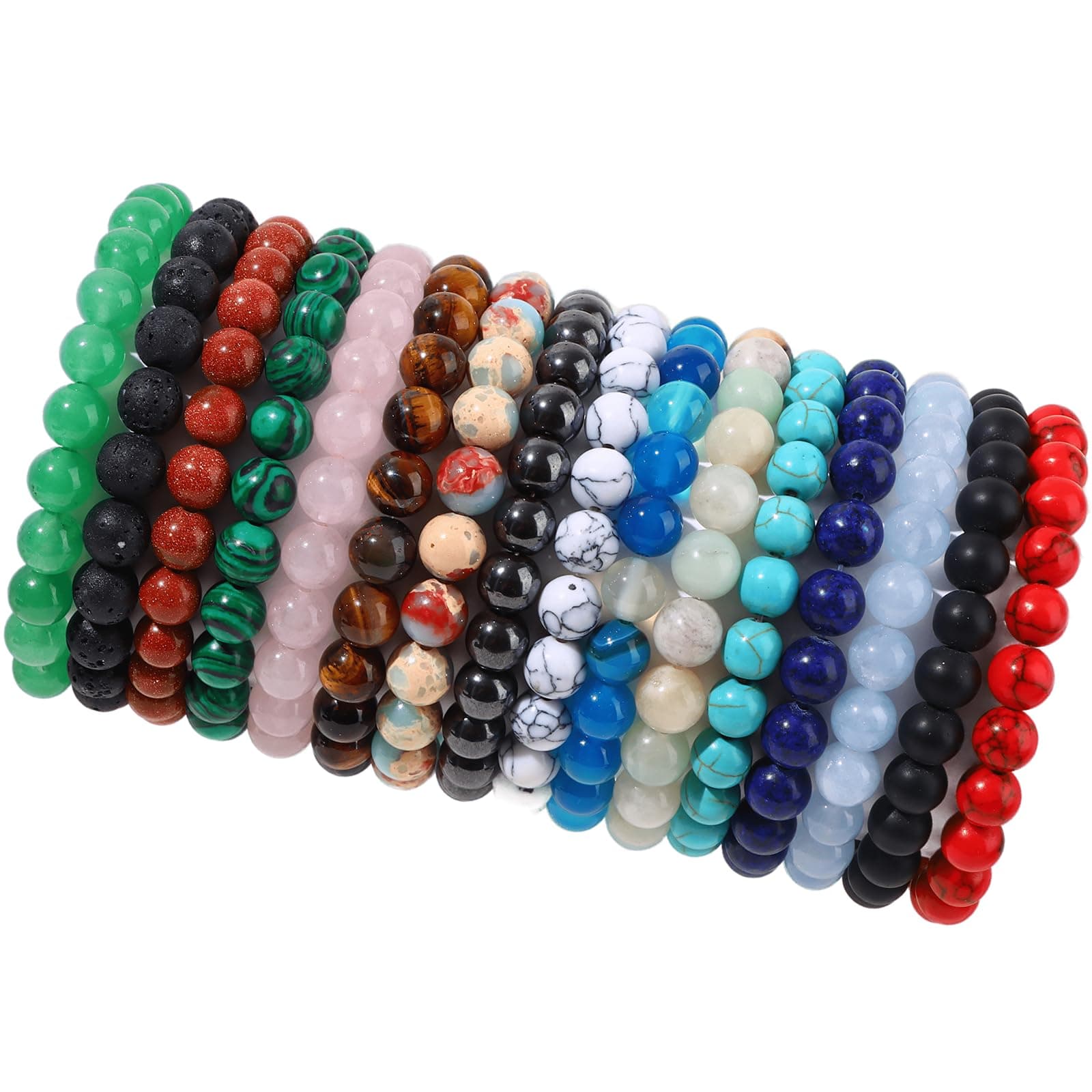 FIRAZIO 16PCS Semi-Precious Gemstone Bracelet - Crystal Stone Beaded Bracelets for Women Men 8mm Round Beaded Stretch Bracelets Unisex Yoga Bracelets Gifts (16Pcs)