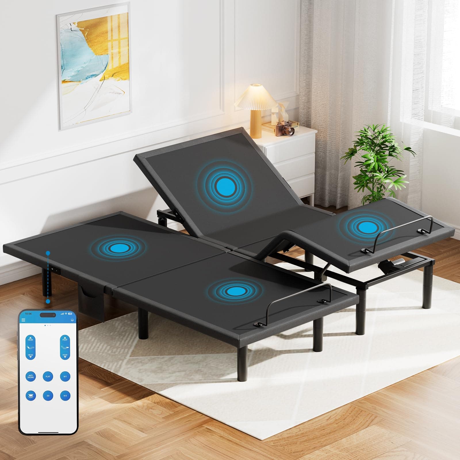 Pipishell Split King Adjustable Bed Frame with Massage, Electric Bed Base with App-Controlled, Head & Foot Incline, 4 USB Ports, LED Under-Bed Lighting, 4 Leg Height Options