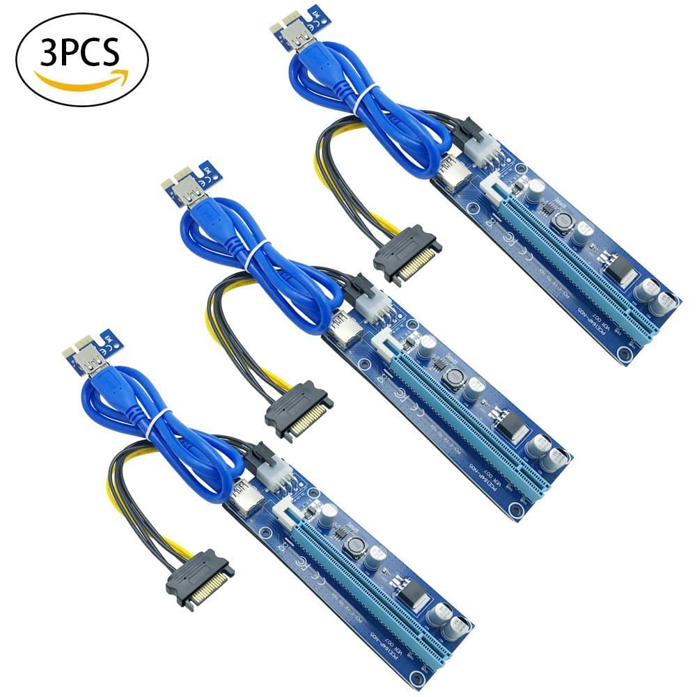 3 Pack PCI-E 16x to 1x Mining Dedicated Riser Adapter Card + USB 3.0 Extension Cable, 60cm + 6-Pin PCI-E to 15-Pin SATA Power Cable, 20cm