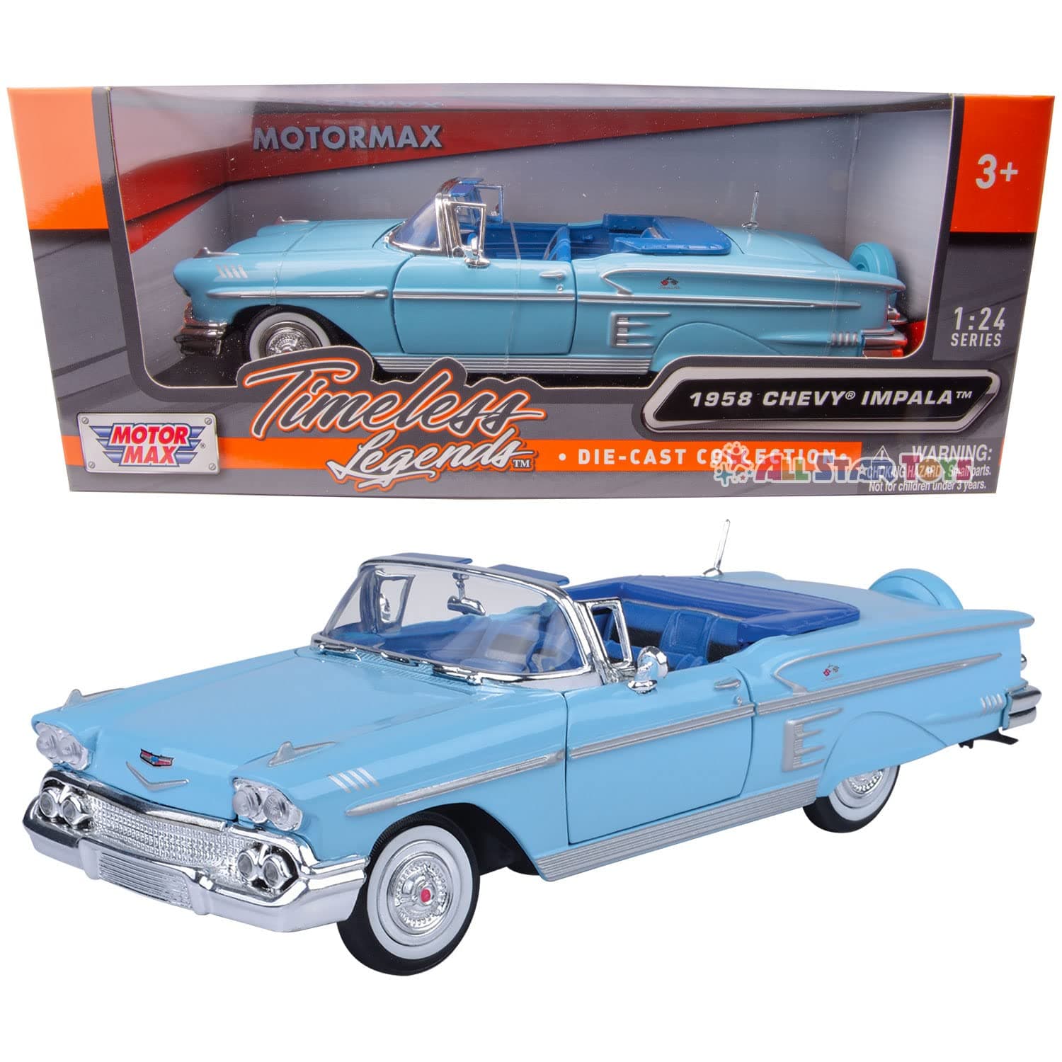 1958 Chevrolet Impala Convertible, Blue - Motormax Premium American 73267-1/24 Scale Diecast Model Car