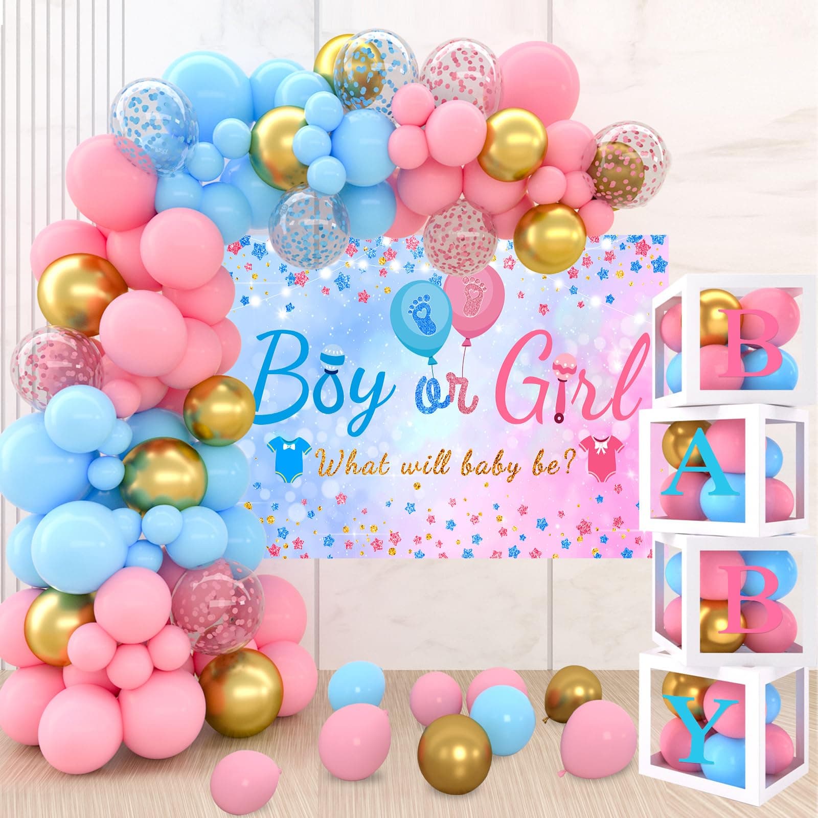 QIFU Gender Reveal Decorations Set, 141pcs Gender Reveal Balloons Arch + 4 Baby Balloon Boxes with "BABY" Letters and Boy Or Girl Backdrop, Baby Boxes for Baby Shower Decorations Backdrop Welcome