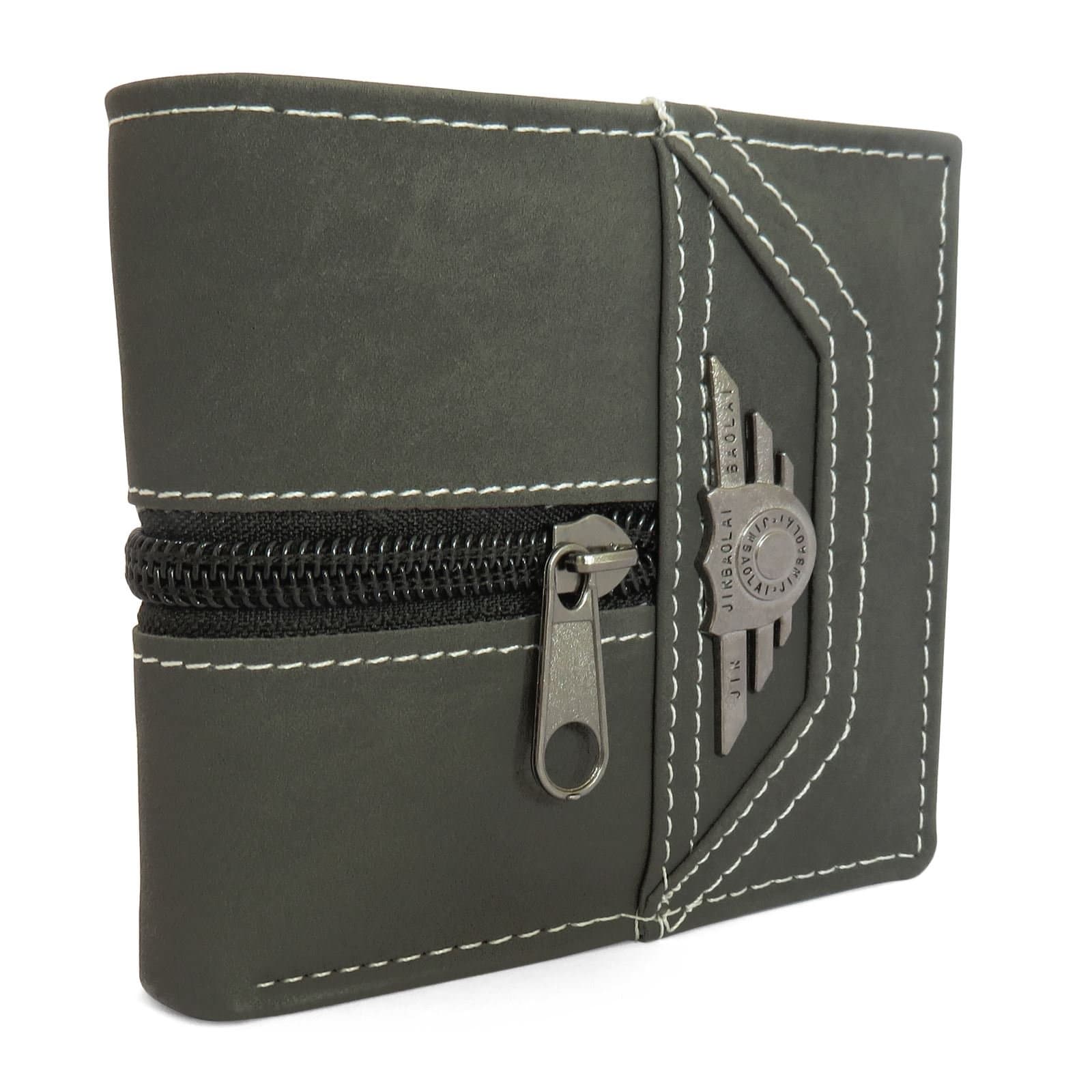 Men's Grey Leather Wallet Bifold ID Credit Card Holder Zipper Purse Coin Pocket