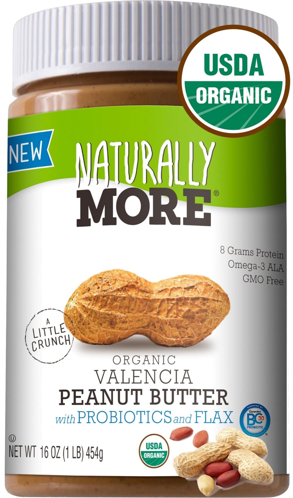 Naturally More 100% Organic Peanut Butter - All Natural Valencia Peanuts - Probiotic Infused-Premium Roasted Peanut Taste-Heart Healthy Flax - Vegan - Gluten Free - Plant Based 16oz