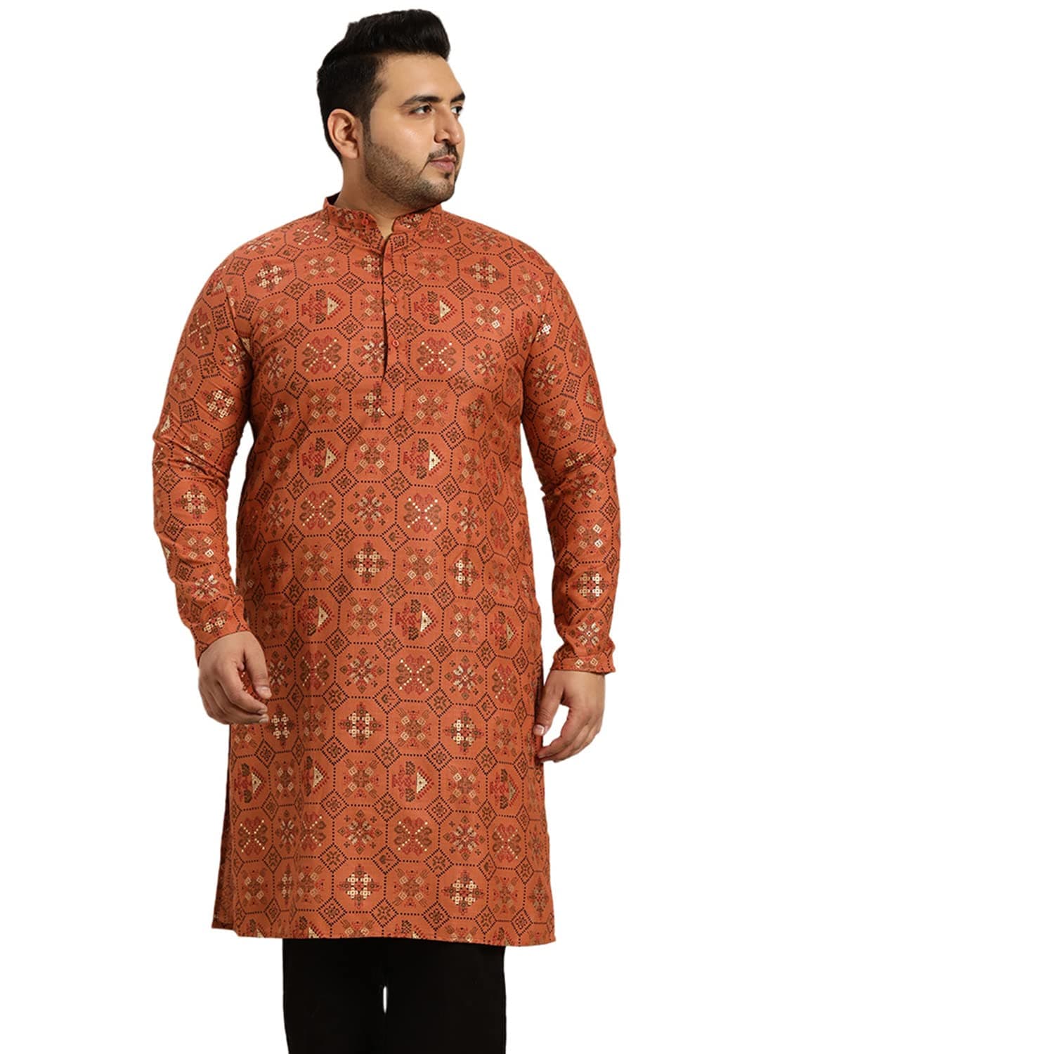 Plus (Since 1958) Men’s Cotton Linen Long Kurta | Ethnic Motif Printed for Navratri, Garba & Puja