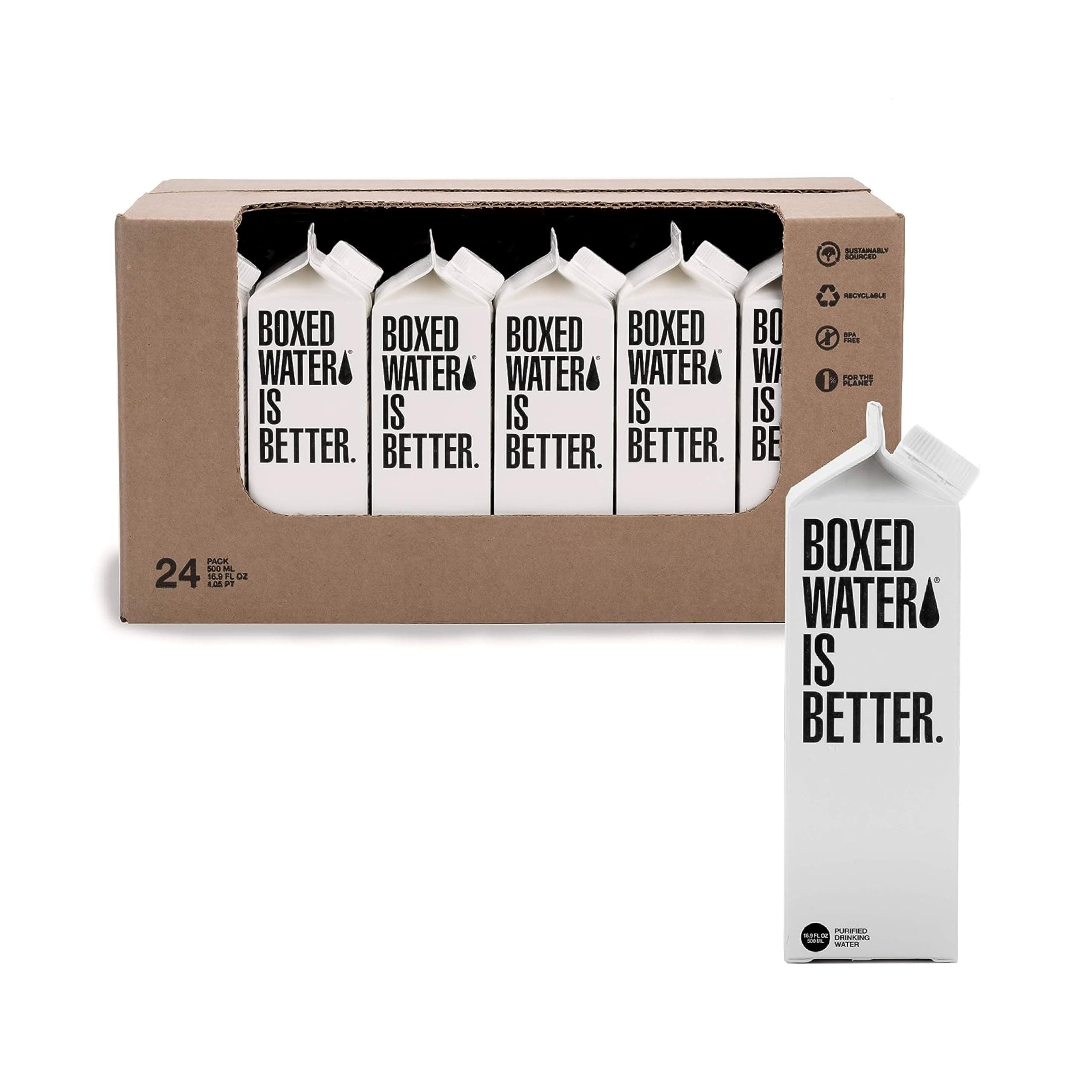 Boxed Water 16.9 oz. (24 Pack) – A Sustainable Alternative — Better Than Premium Plastic Bottles — Purified Drinking Water in Plant-Based Cartons – BPA-Free, Refillable & Recyclable Cartons