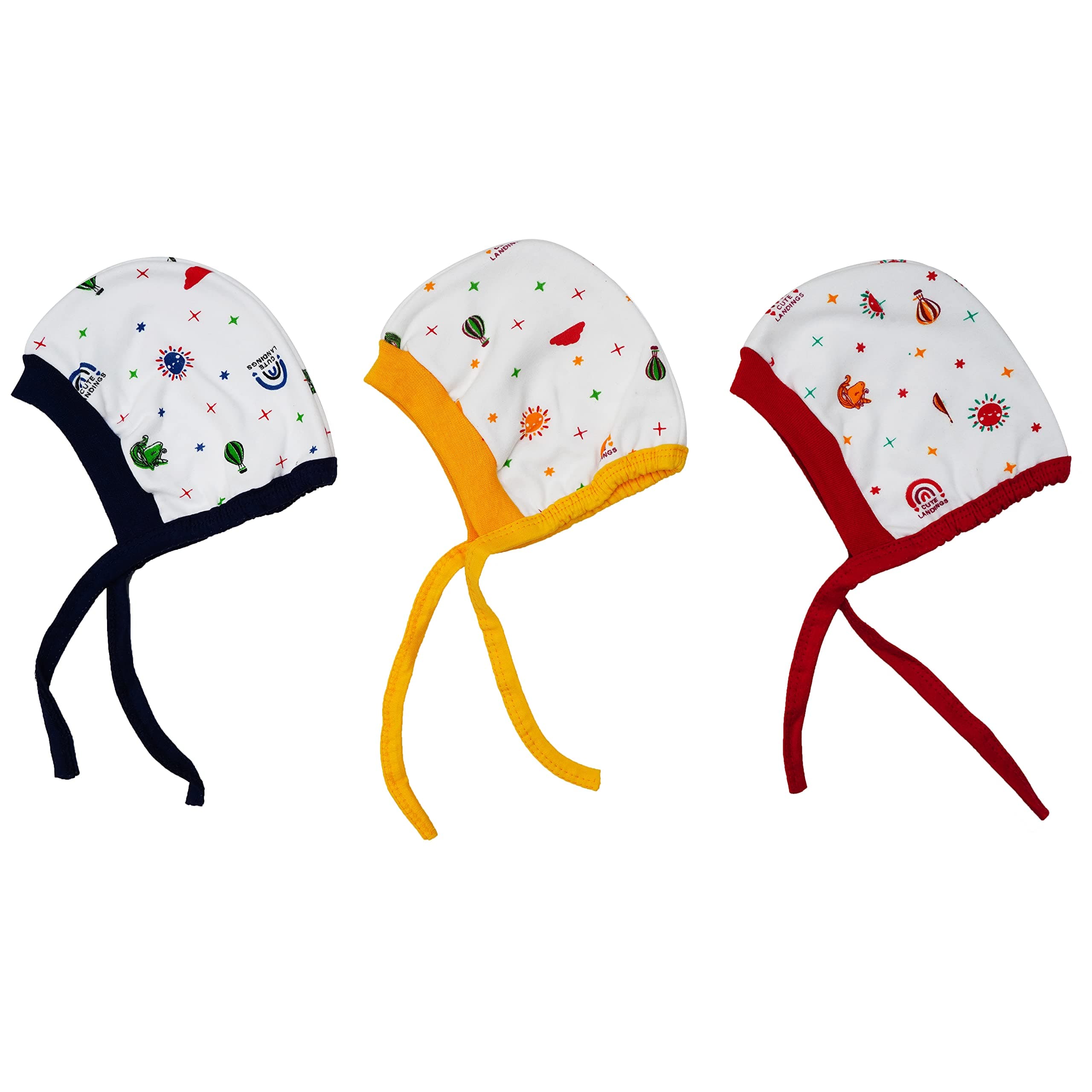 CUTE LANDINGS New Born Baby Girls & Boys Finest Hosiery Cotton Double Layer Knot Caps Set/Infant/Hat/Toppi/Kan Topi (Pack of 3) (0-3 Months) Multicolour
