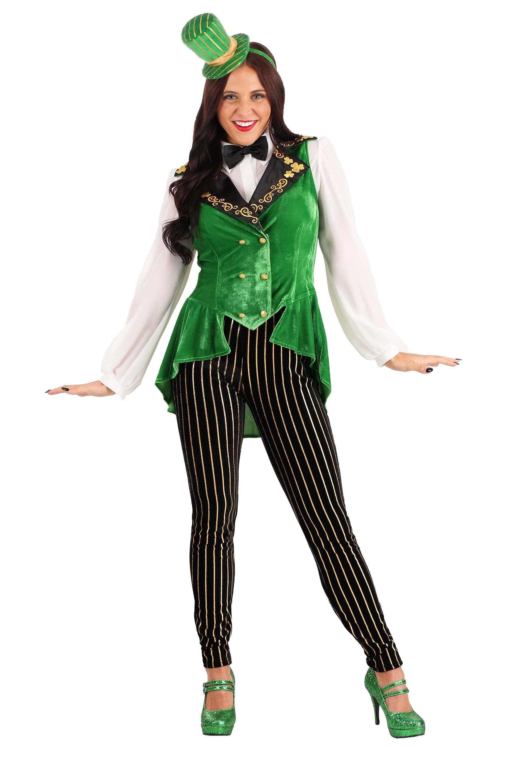 Lavish Leprechaun Women's Costume - Green Velour with Mini Top Hat, Gold Embroidery, St. Patrick's Day Outfit