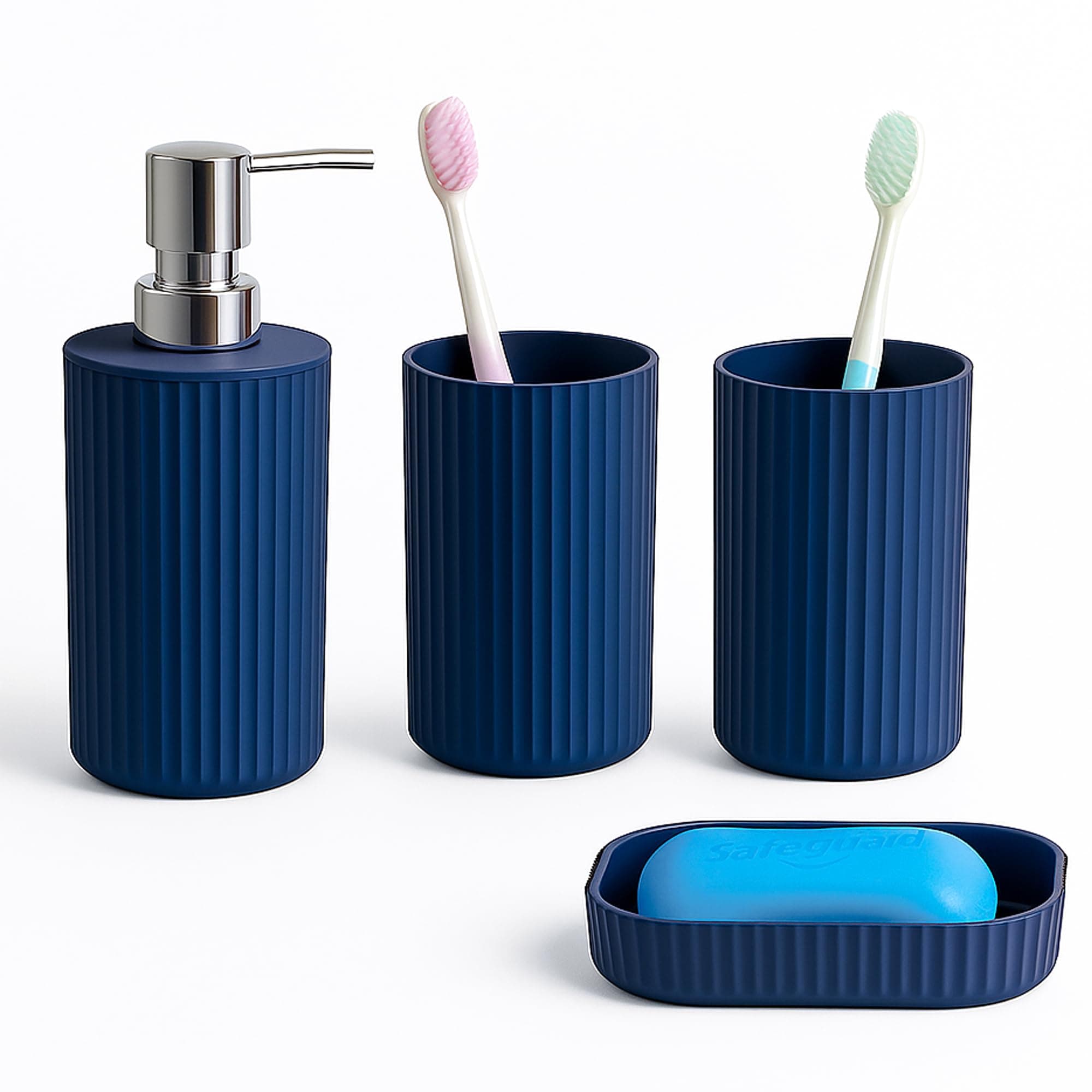 Premium 4-Piece Bathroom Accessories Set – Matt Grey Rubber-Coated Soap Dispenser, Soap Dish, Tumbler Cup & Toothbrush Holder – Modern Vanity Organiser Kit (Blue Finish)