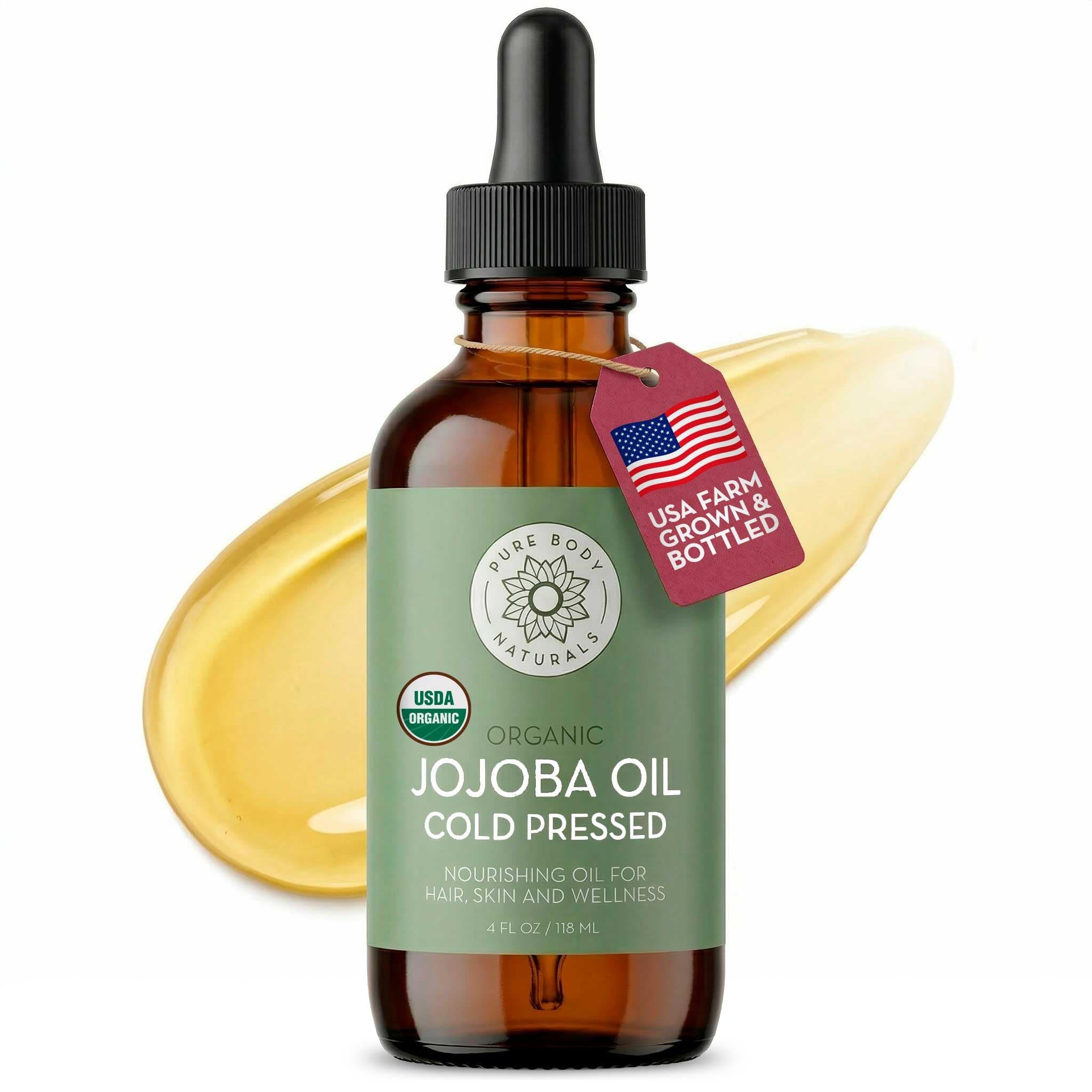 Organic Jojoba Oil, 4 Fl Oz - 100% Pure, Organic, USA-Sourced, Cold Pressed Jojoba Oil for Skin, Face, Nails and Hair - Carrier Oil for Mixing Essential Oils