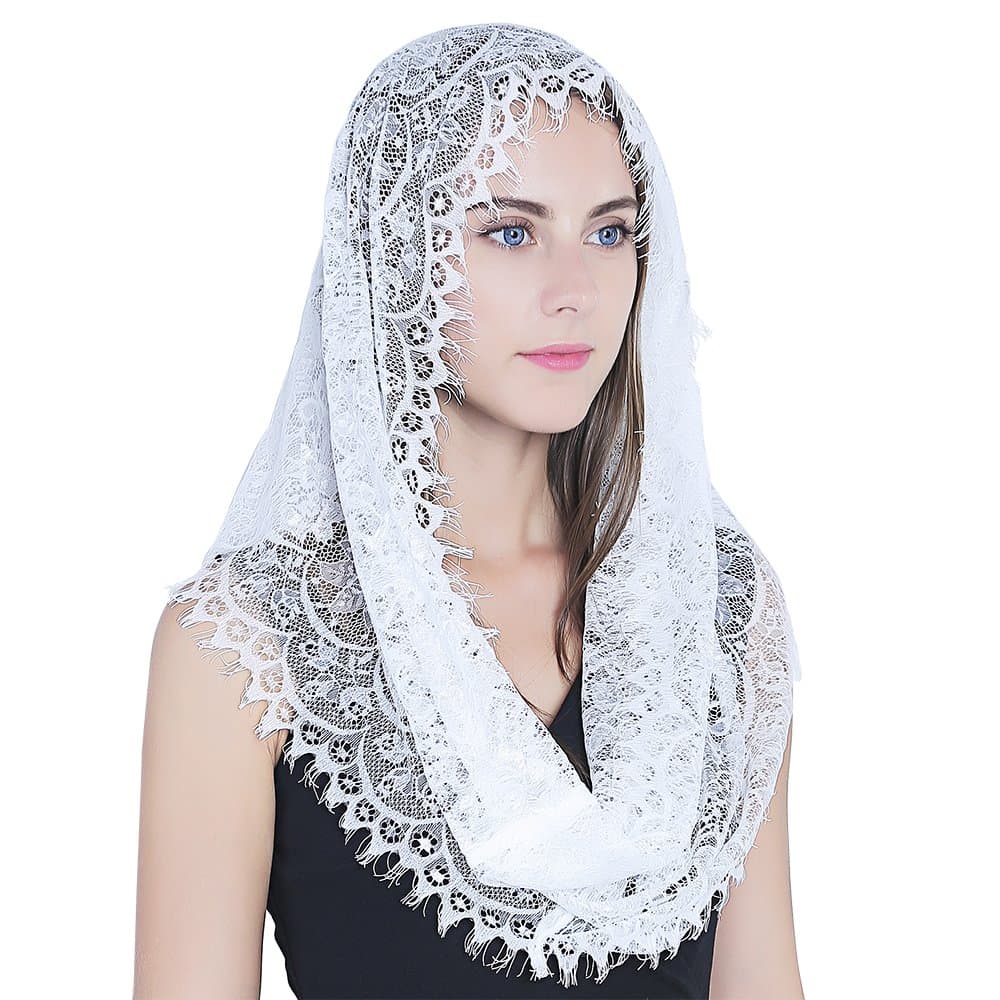 White Infinity Scarf Mantilla - Catholic Veil Church Veil Head Covering Latin Mass, White, Medium