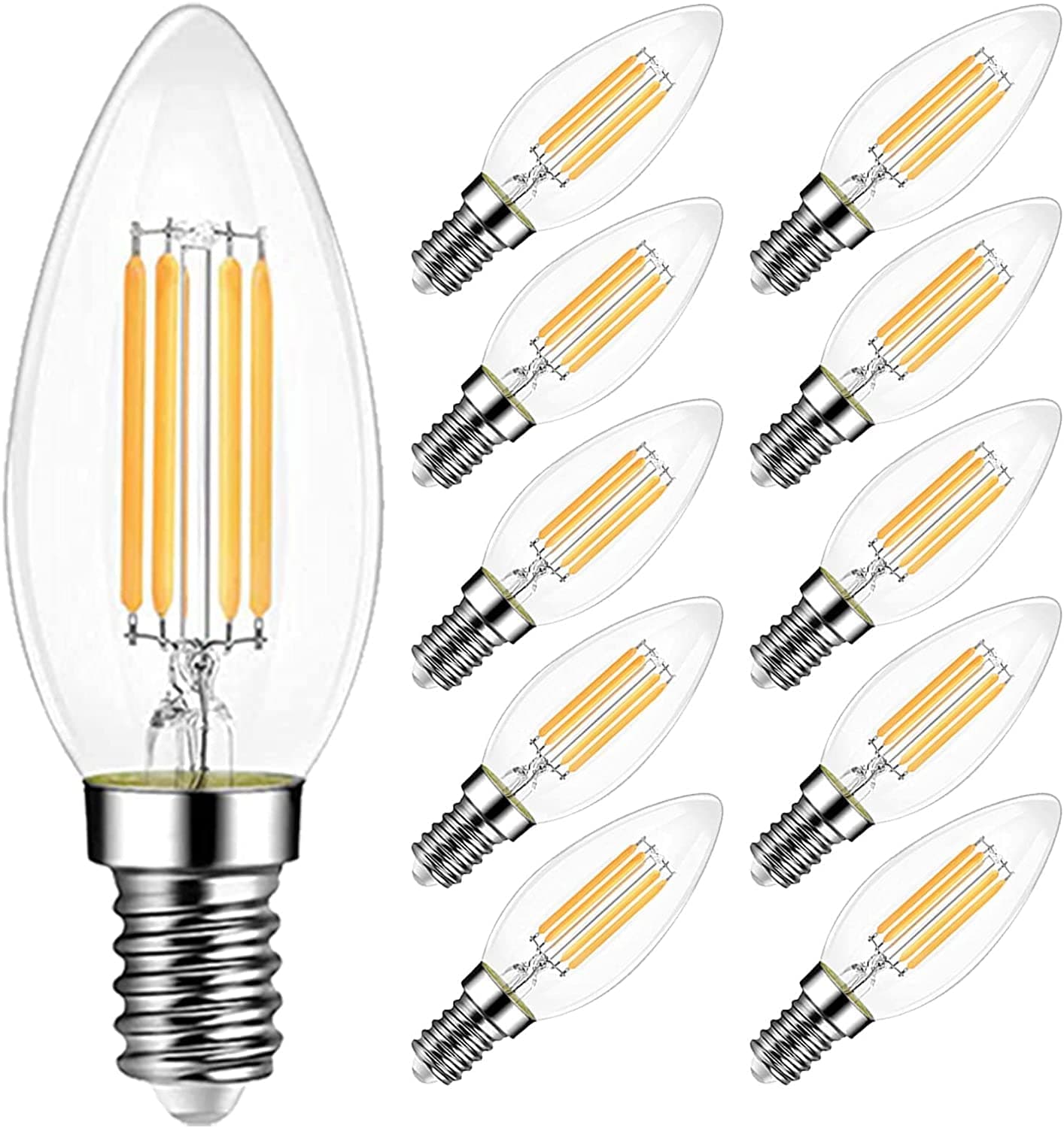 EXTRASTAR E14 LED Filament Candle Bulbs 4W, 470LM 40W Equivalent, C35 SES Small Edison Screw Led Light Bulbs, Warm White 3000K, Non-dimmable, Pack of 10
