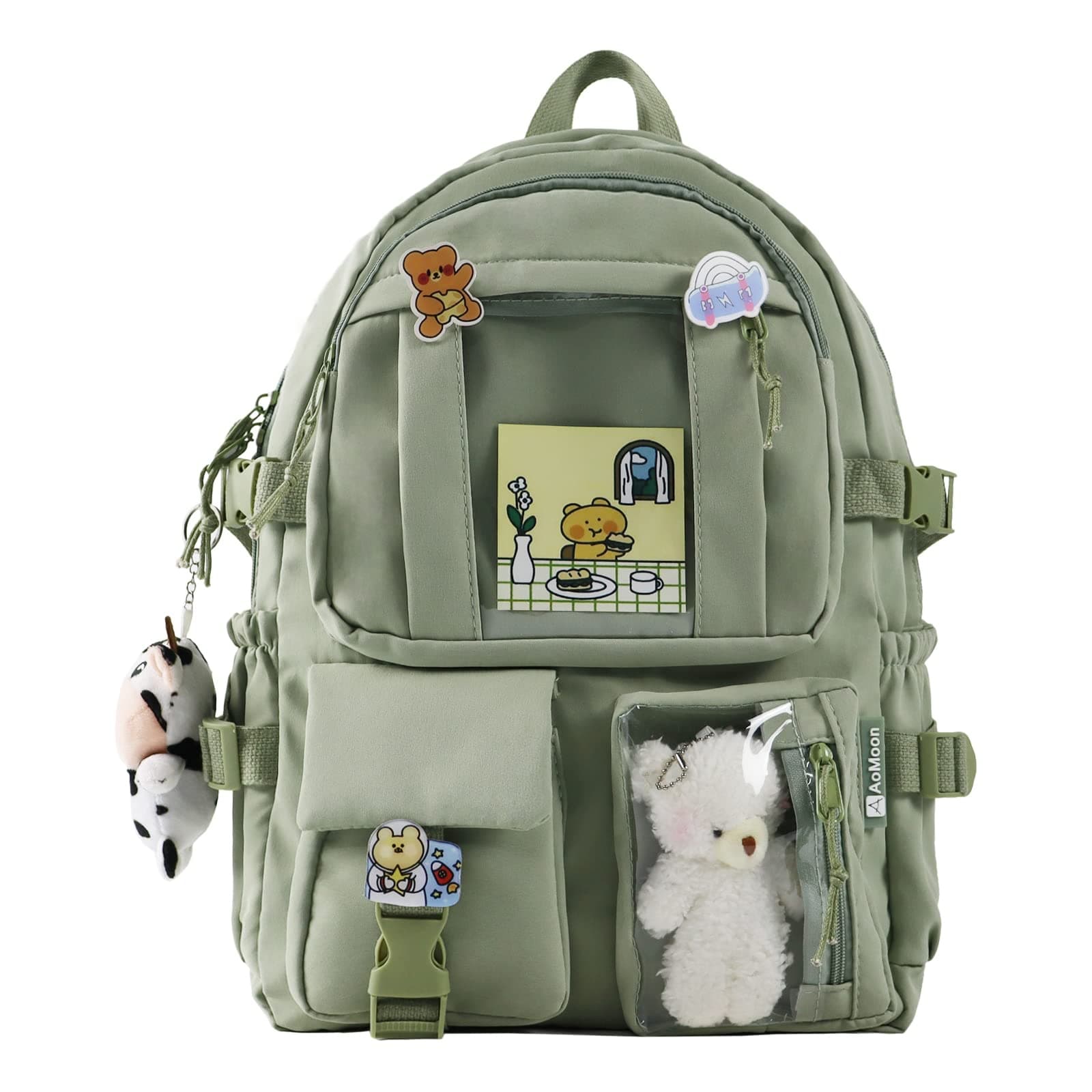 Kawaii Backpack Lovely Pastel Rucksack for Teen Girls Aesthetic Student Bookbags with Kawaii Pin and Cute Accessories (Green-C)