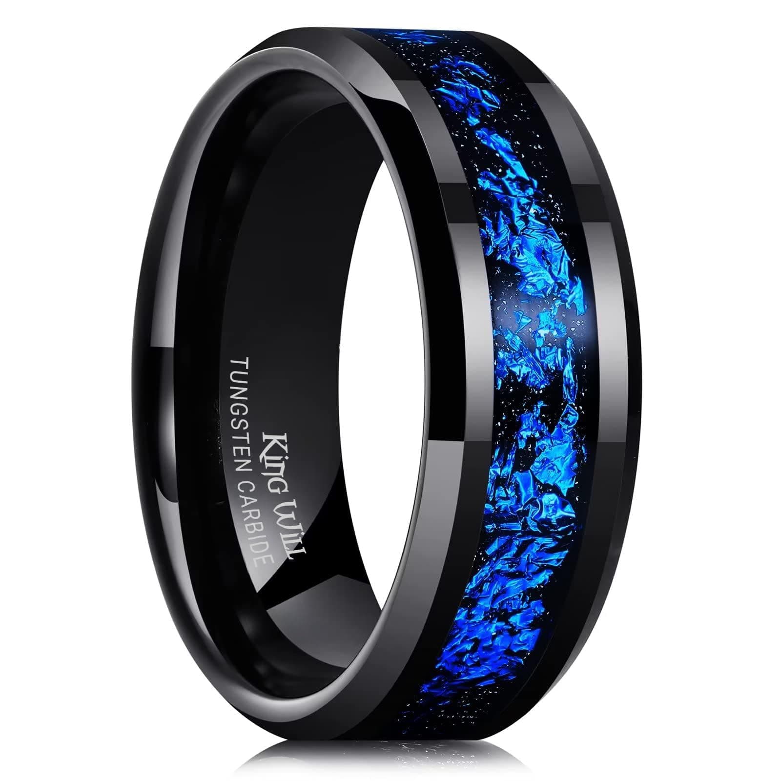 Mens Wedding Band with Foils Inlay, Black/Silver/Gold Beveled Edge Glowstone Ring, 6mm/8mm Tungsten Carbide Rings Comfort Fit