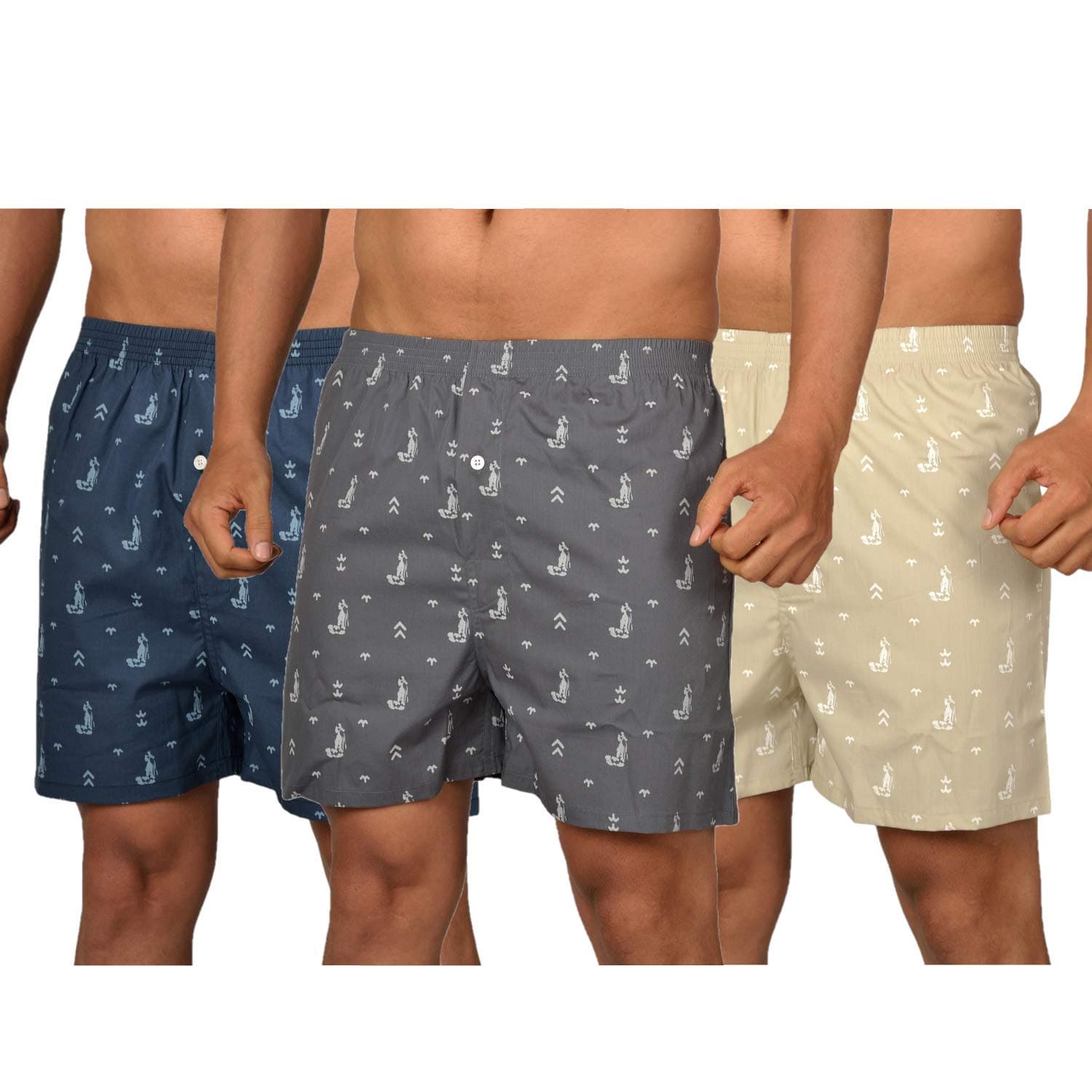 The Cotton Company Men's Cotton Boxers (Pack of 3) (Boxers004_Combo3_XL_Grey, Navy & Beige_X-Large)