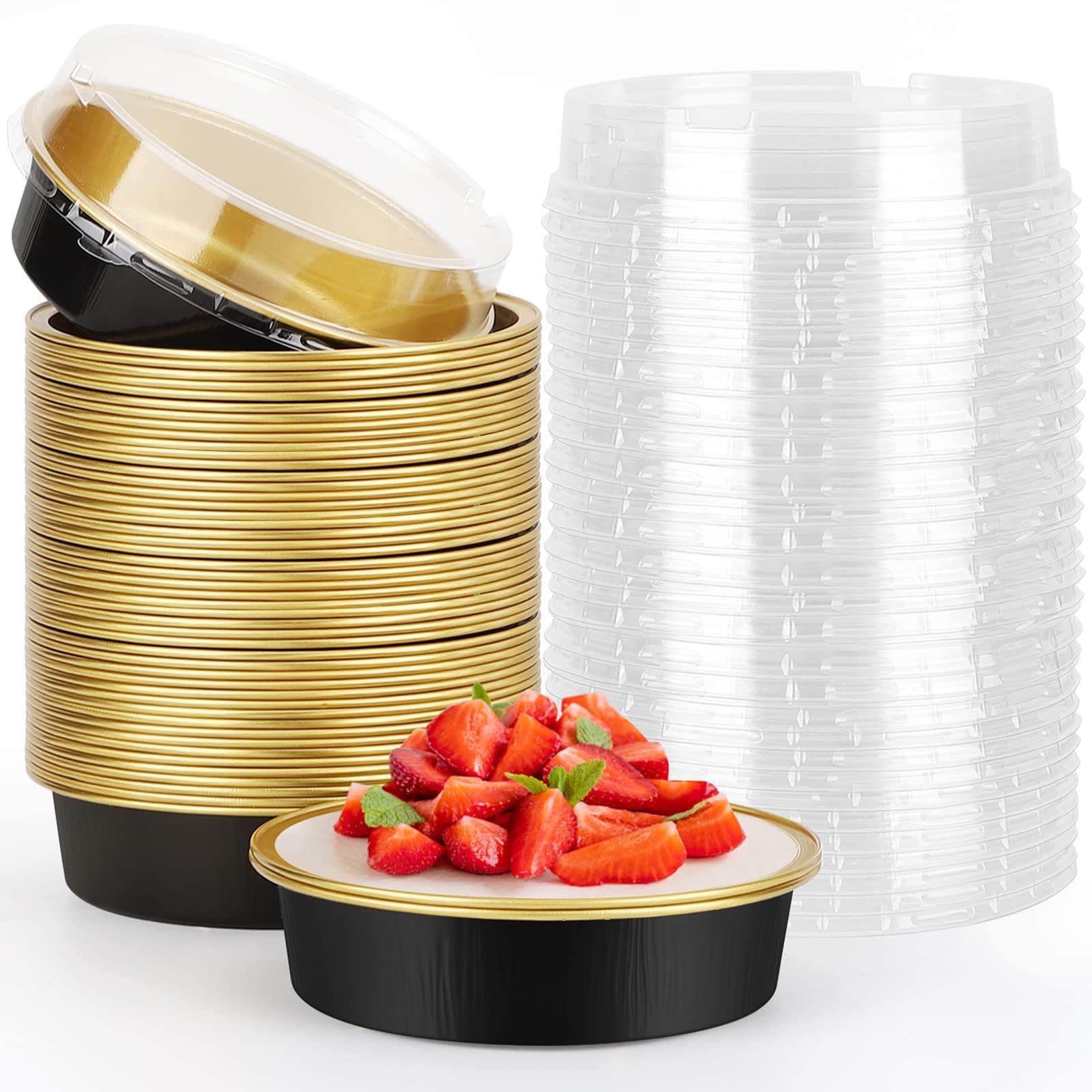 Beasea Aluminum Cupcake Pans With Lids, 4 Inch 50 Pack Disposable Pie Pans For Cake, 8 Oz Aluminum Pie Pan Tin Black Golden Tart Pans Round Oven Baking Mini Cake Pan For Pie Tart Quiche