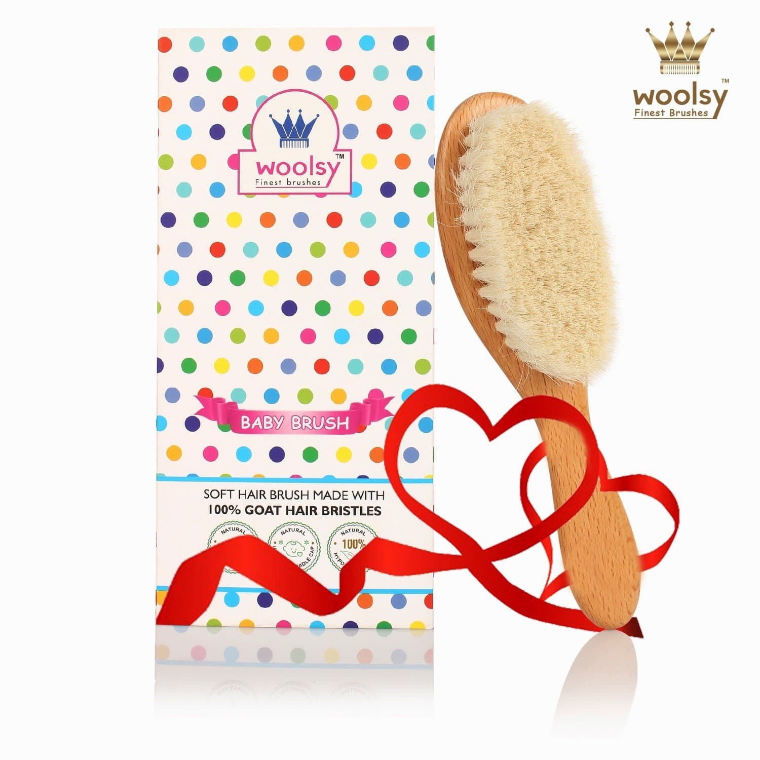 Woolsy 100% Natural Baby Hair Brush ~ Contains Ultrasoft Real Goat Bristles w/Pure Beech Wood Handle ~ Helps to Prevent Cradle Cap ~ for New Born & Toddlers ~ Finest Quality Guaranteed