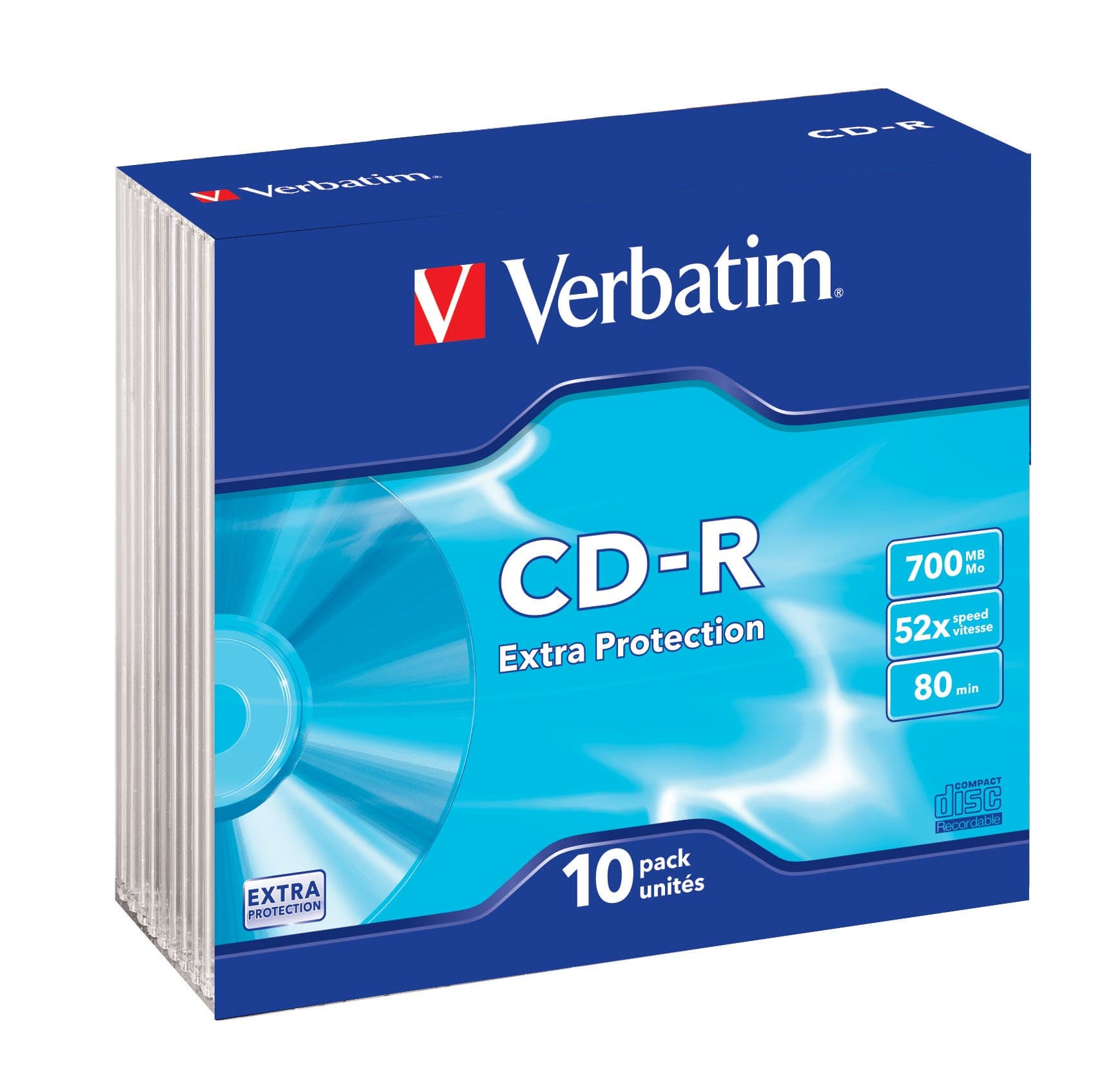 Verbatim CD-R Extra Protection CD Blanks with 700 MB Data Storage, Ideal for Photo and Video Recording, Compatible with Any Conventional CD Drive, Pack of 10 Slim Jewel Case