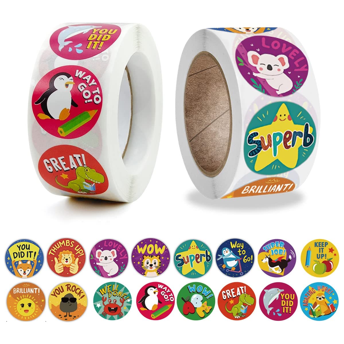 IBAMA 1000Pcs Reward Stickers for Teachers Incentive Stickers Supplies for Classroom Motivational Stickers Classwork Award Stickers Kids School Training Encouraging Round Cute Cartoon Design-2 Roll