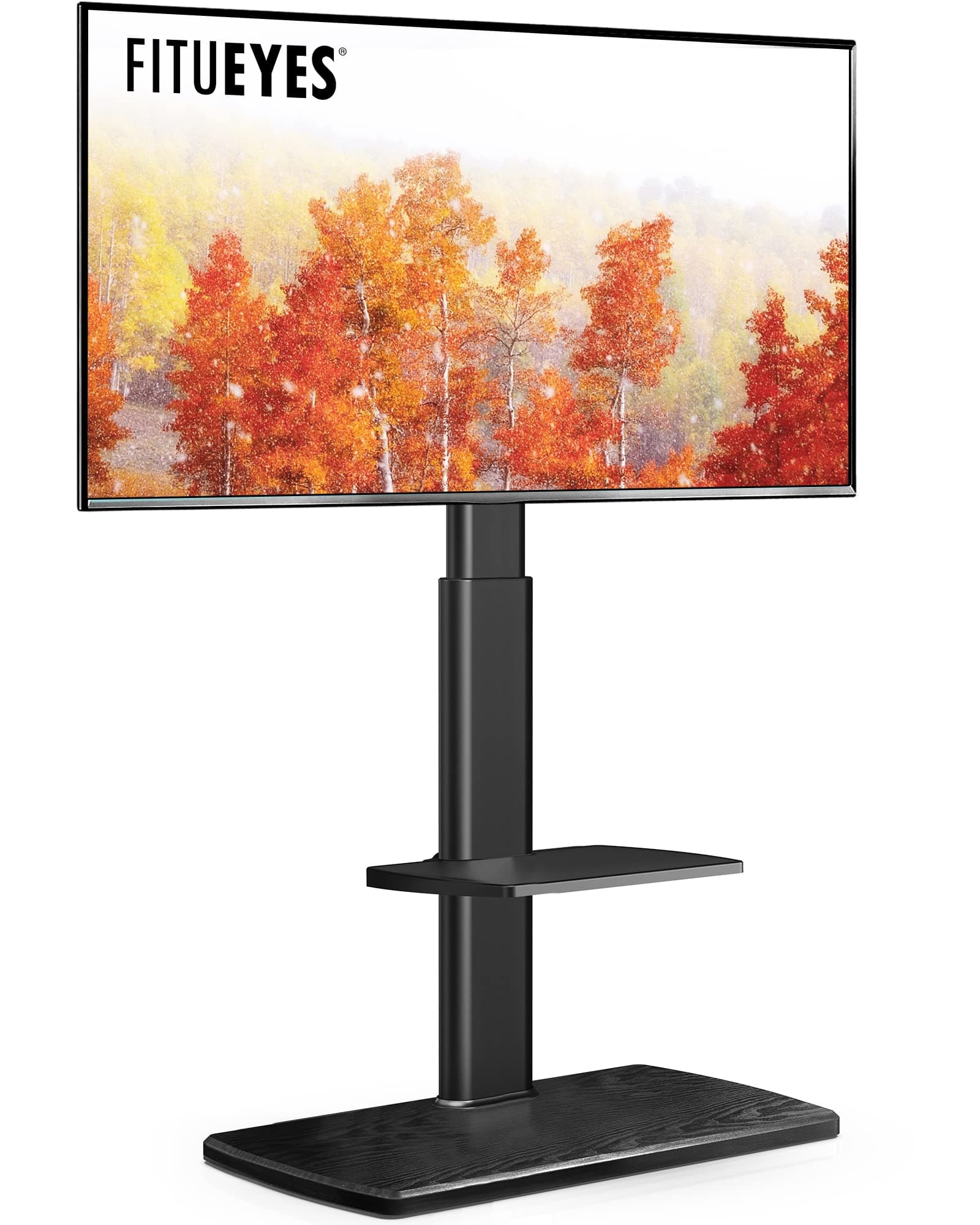 FITUEYES Floor TV Stand for Bedroom, Living Room, Tall Corner TV Stands for TVs 32 37 43 50 55 60 65 70 Inch Swivel TV Mount Stand with Height Adjustable Shelf Upgrade Sturdy Wood Base, Black